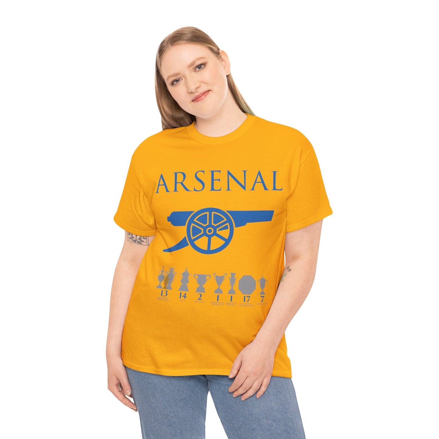 Arsenal Cannon & Trophies Unisex Heavy Cotton T-Shirt - Red/White/Black/Gold/Royal