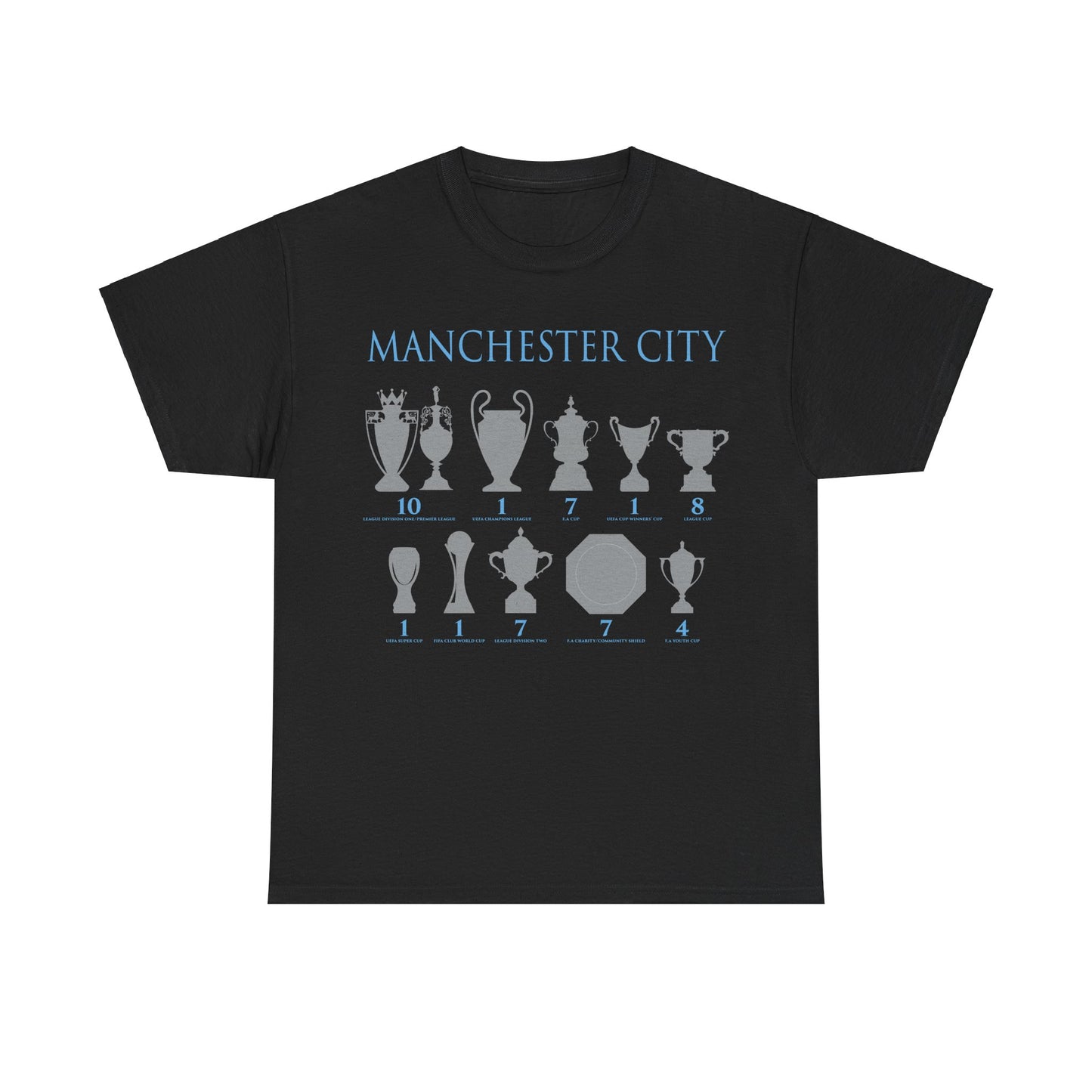 Manchester City Trophies Unisex Heavy Cotton T-Shirt - Light Blue/White/Black/Navy