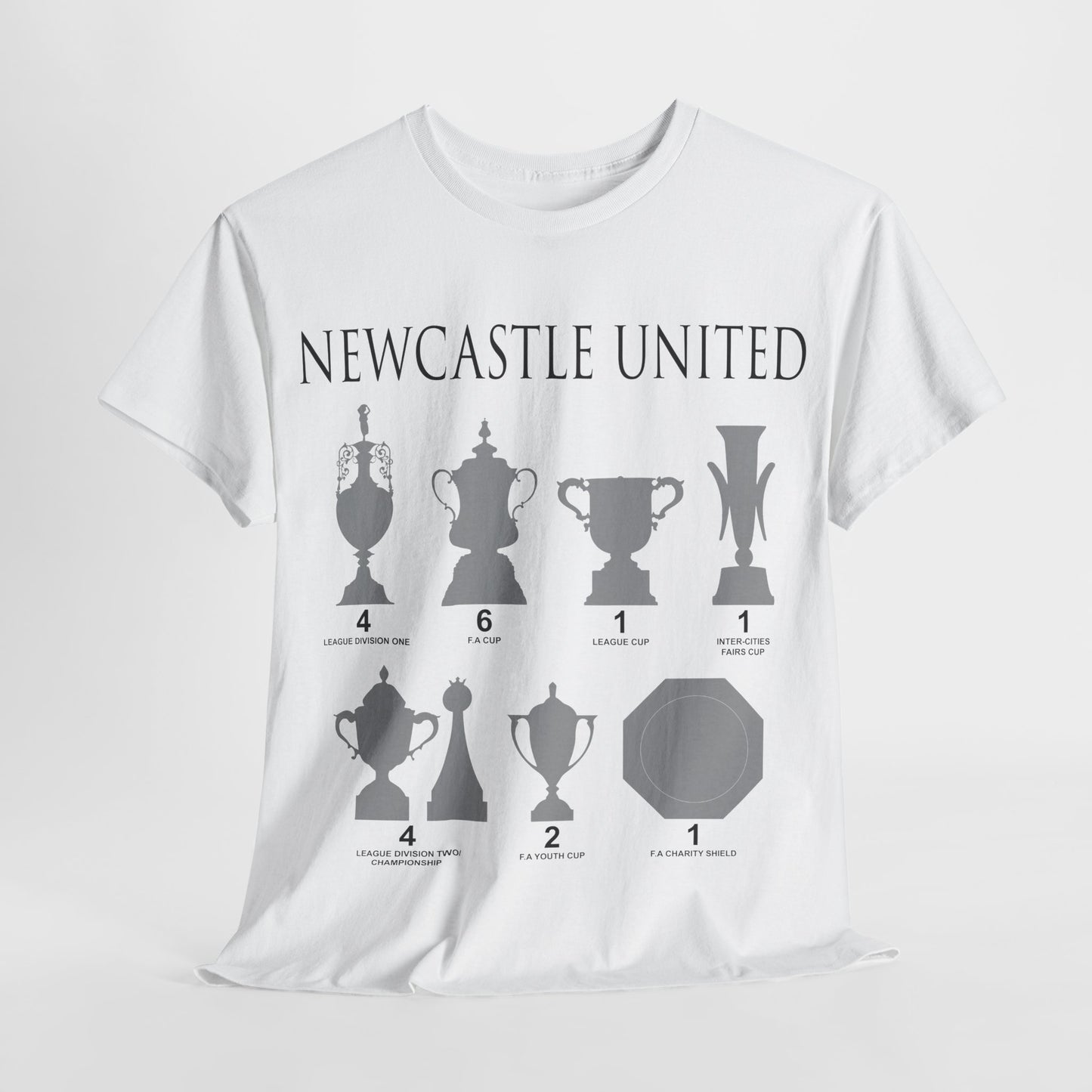 Newcastle United Trophies Unisex Heavy Cotton T-Shirt UPDATED - Black/White/Sport Grey/Charcoal