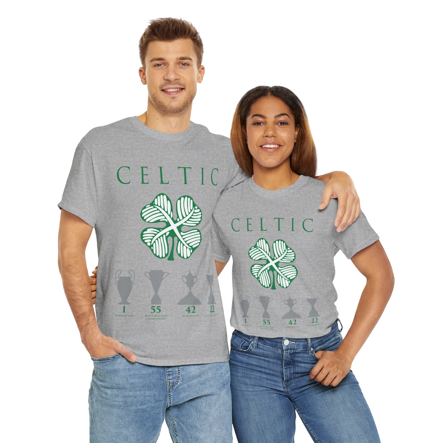 Celtic Clover & Trophies Unisex Heavy Cotton T-Shirt - Irish Green/Black/White/Gold/Sport Grey/Charcoal/Military Green/Forest Green