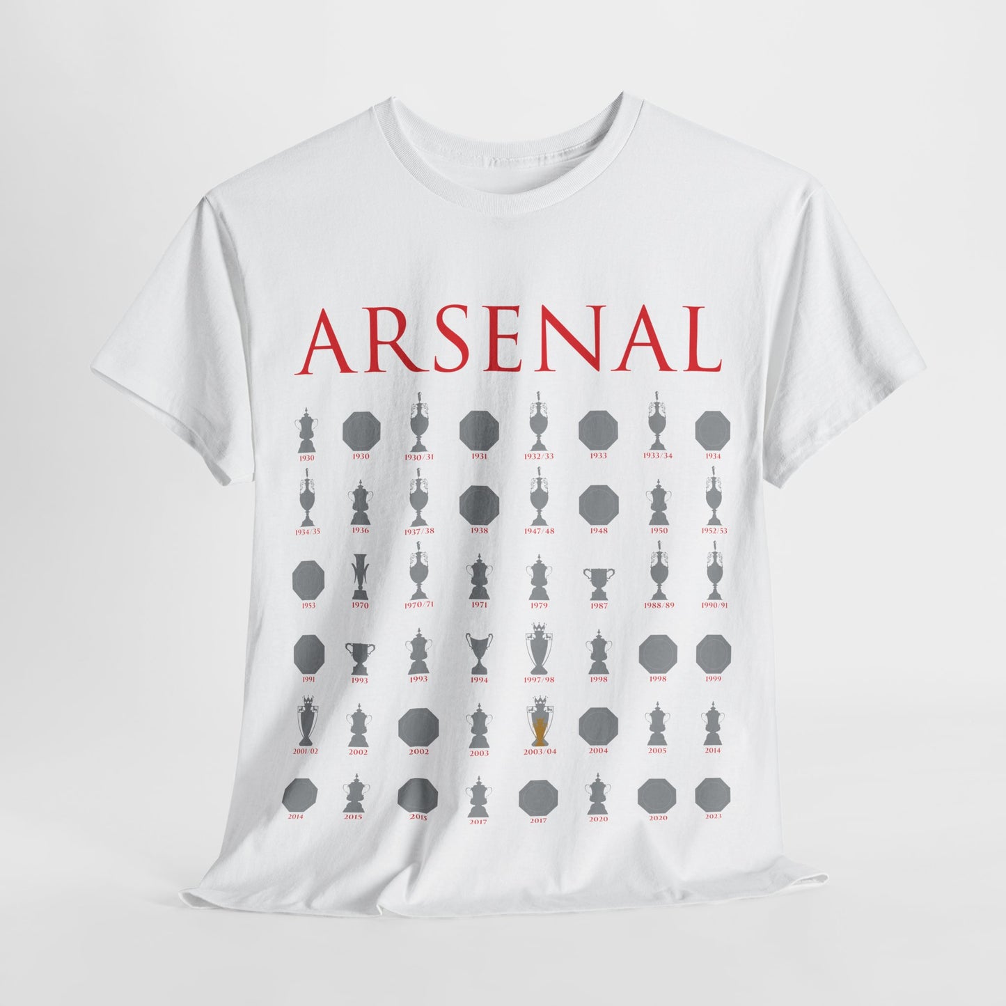 Arsenal Trophies Collection Unisex Heavy Cotton T-Shirt - Red/White/Black/Gold/Royal/Charcoal/Navy