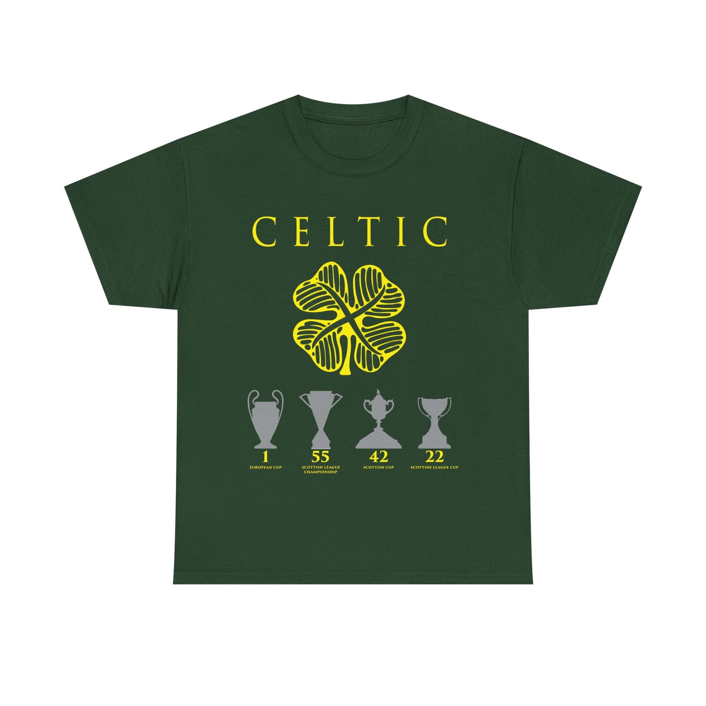 Celtic Clover & Trophies Unisex Heavy Cotton T-Shirt - Irish Green/Black/White/Gold/Sport Grey/Charcoal/Military Green/Forest Green