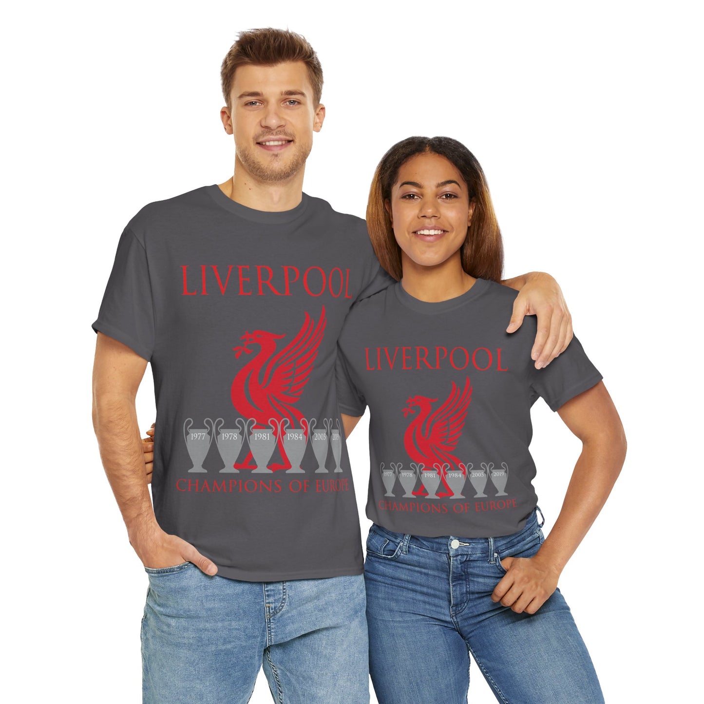 Liverpool Champions of Europe Unisex Heavy Cotton T-Shirt - Red/White/Black/Gold/Sport Grey/Charcoal