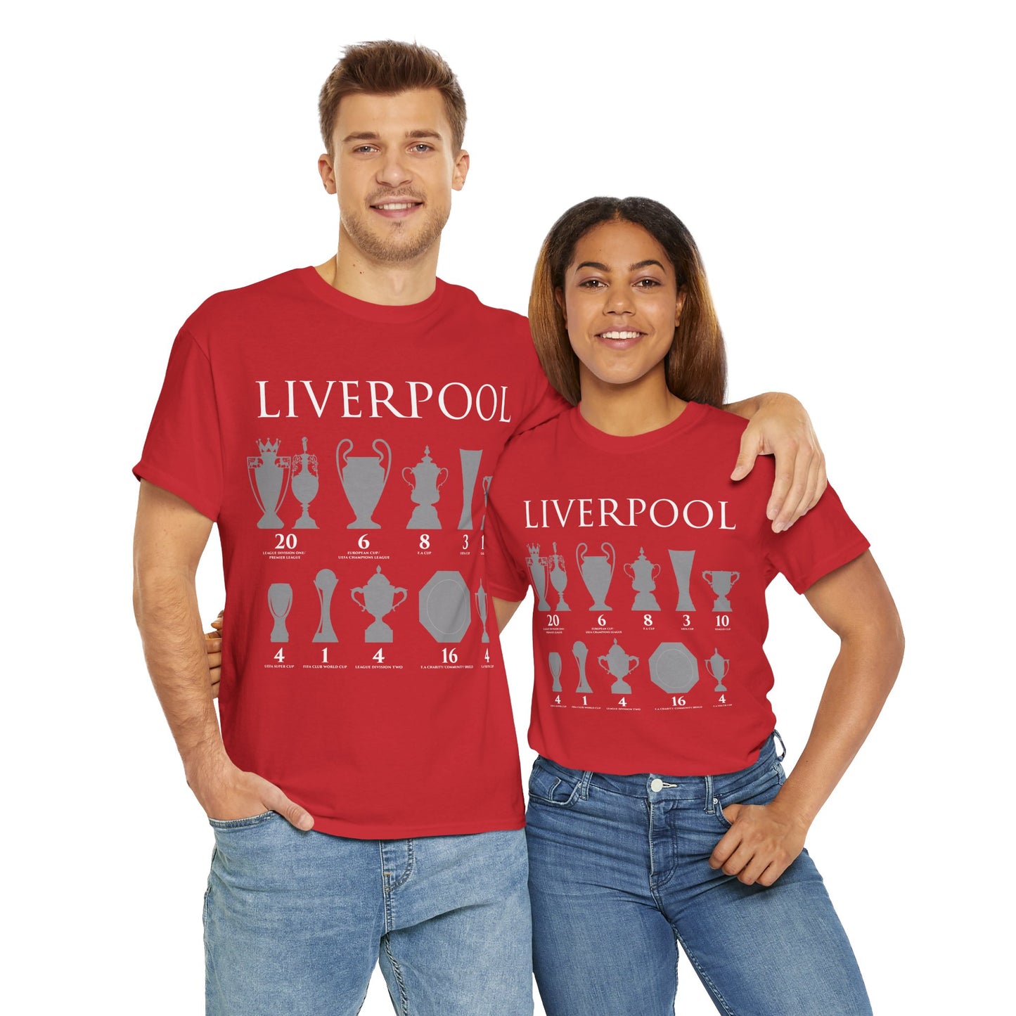 Liverpool Trophies Unisex Heavy Cotton T-Shirt - Red/White/Black/Gold