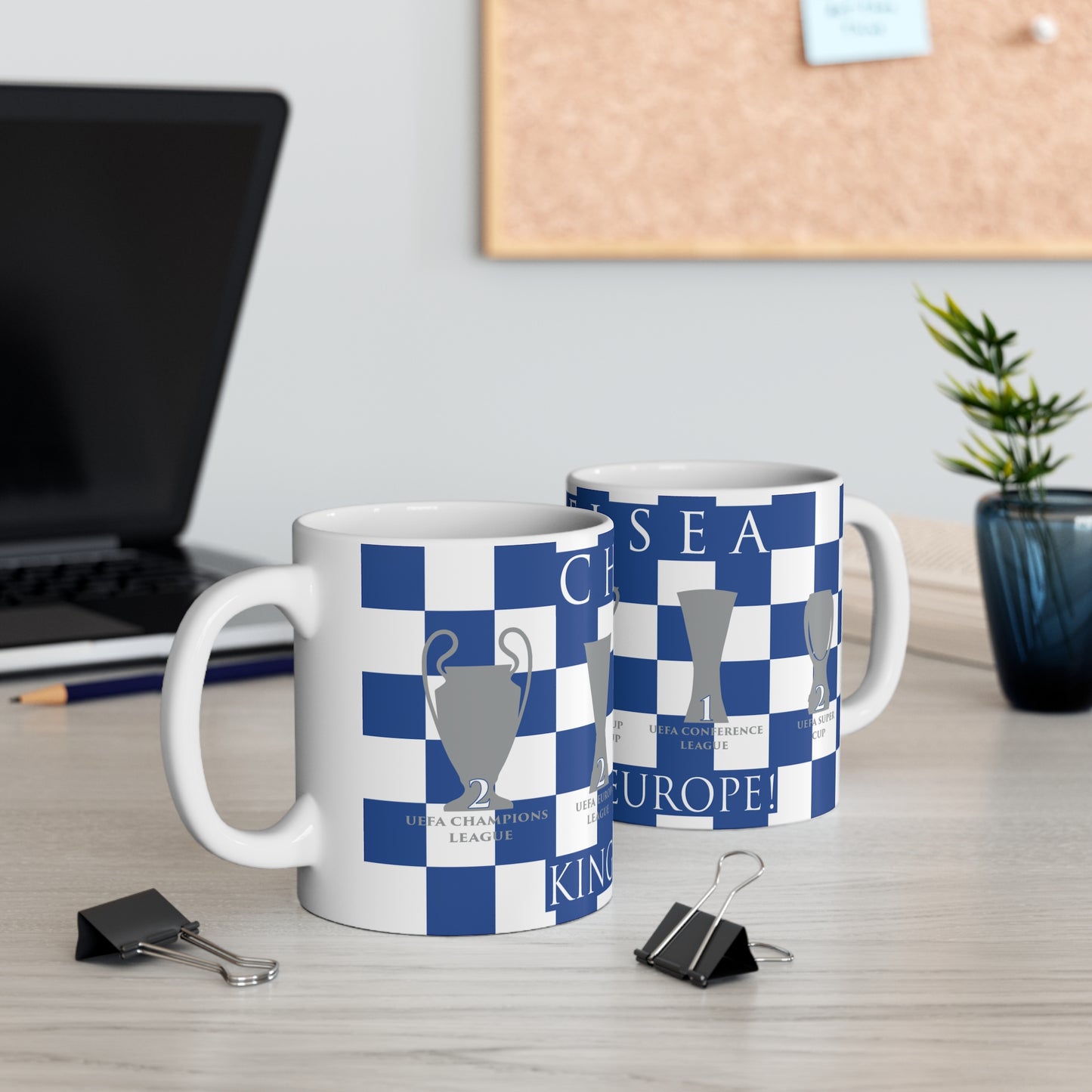 Chelsea Blue & White Chequered Kings Of Europe Mug - White Header Text