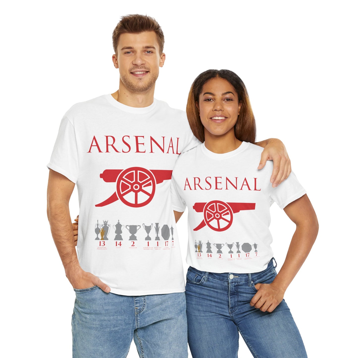 Arsenal Cannon & Trophies Unisex Heavy Cotton T-Shirt - Red/White/Black/Gold/Royal