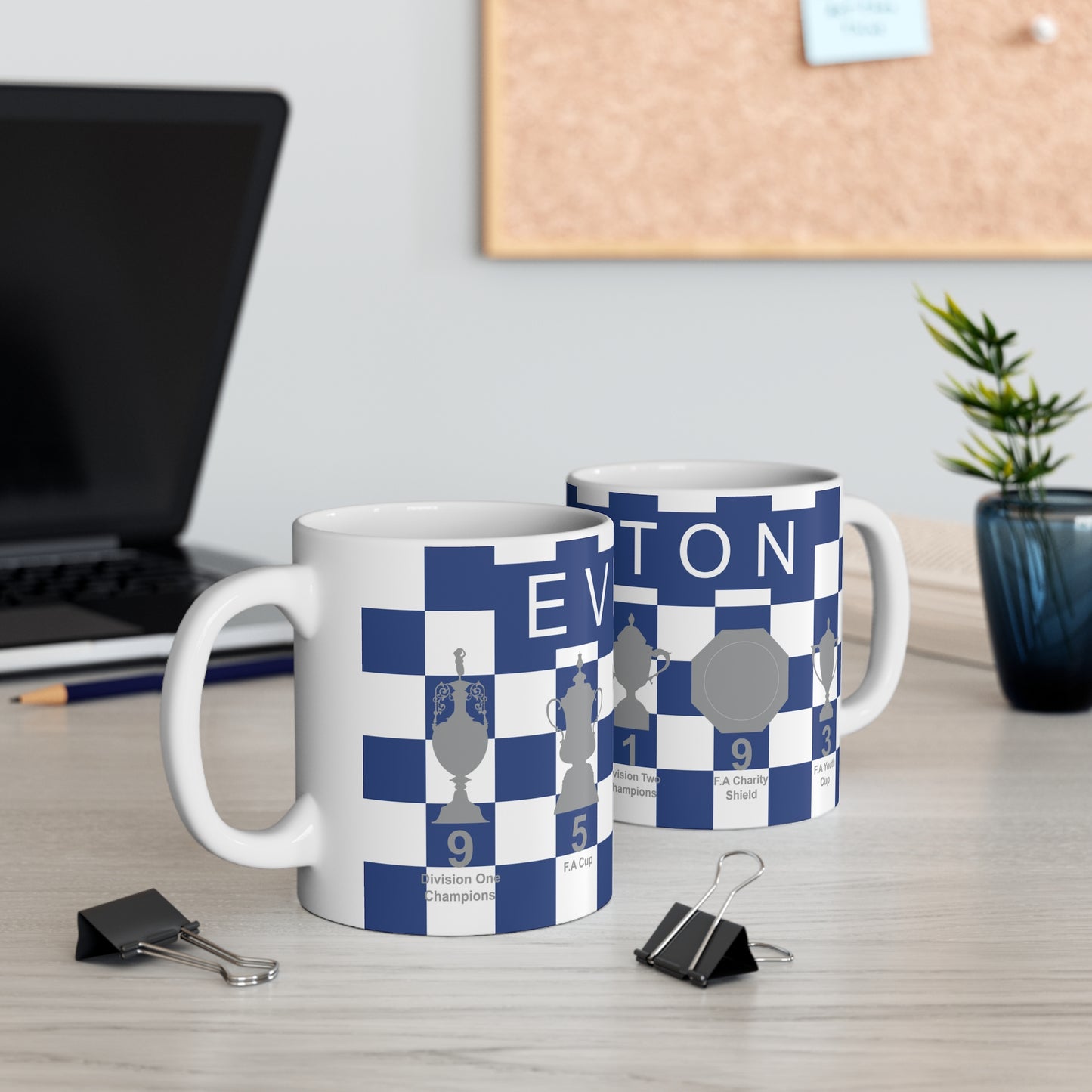 Everton Blue & White Chequered Trophies Mug - White Header Text