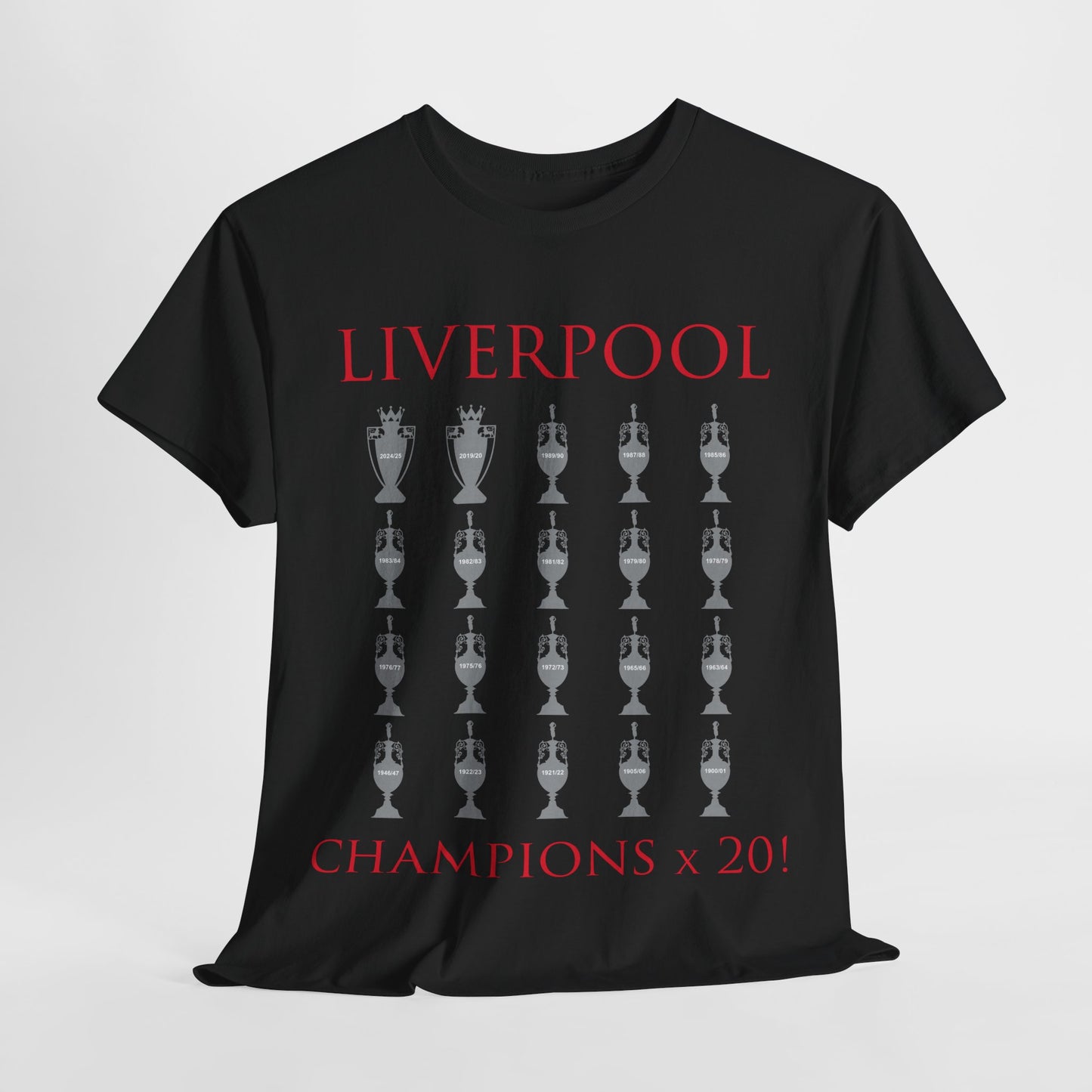 Liverpool 20 Champions Unisex Heavy Cotton T-Shirt - Red/White/Black/Charcoal/Gold