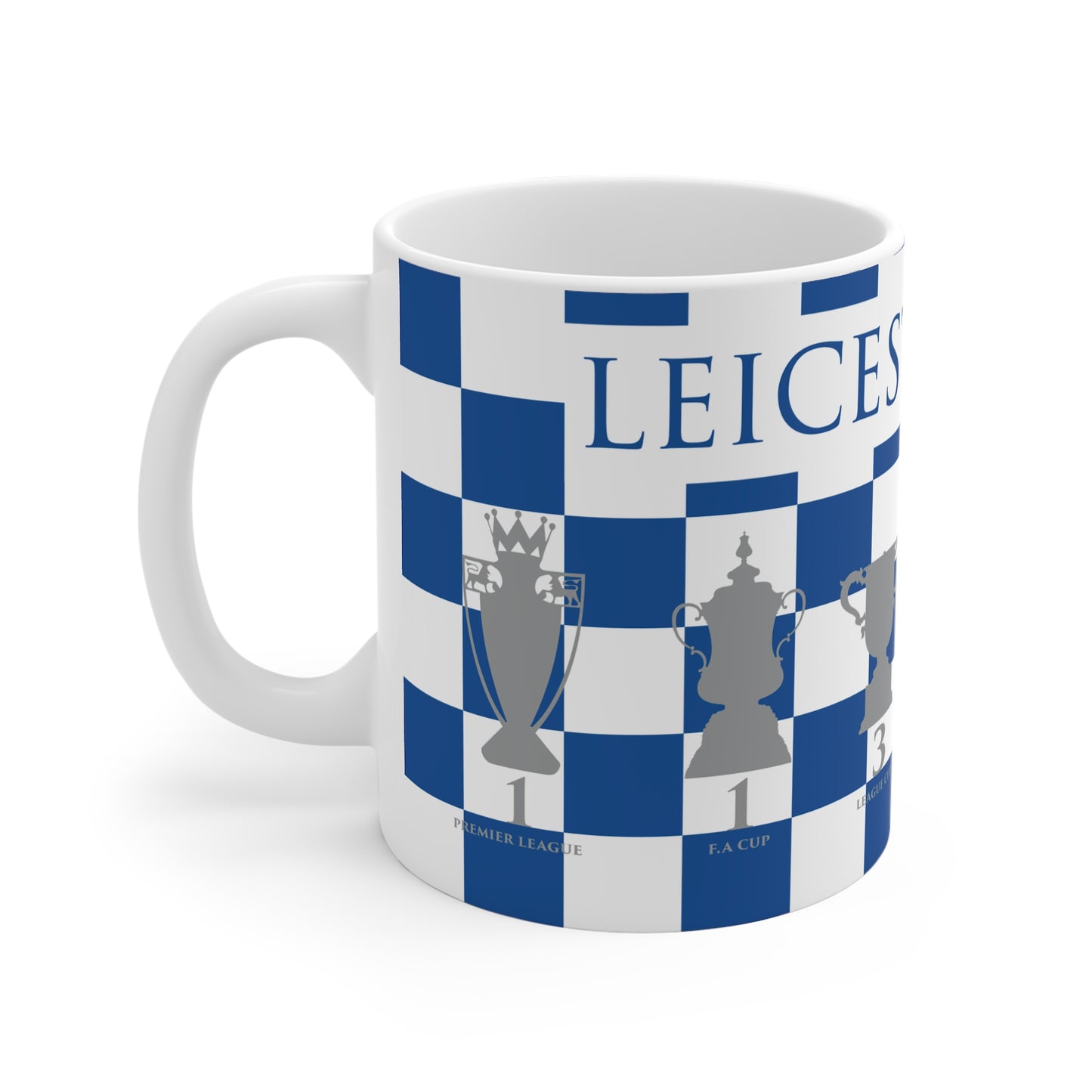 Leicester City Blue & White Chequered Trophies Mug - Blue Header Text