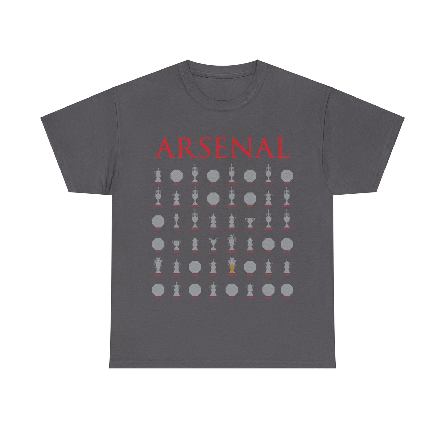 Arsenal Trophies Collection Unisex Heavy Cotton T-Shirt - Red/White/Black/Gold/Royal/Charcoal/Navy