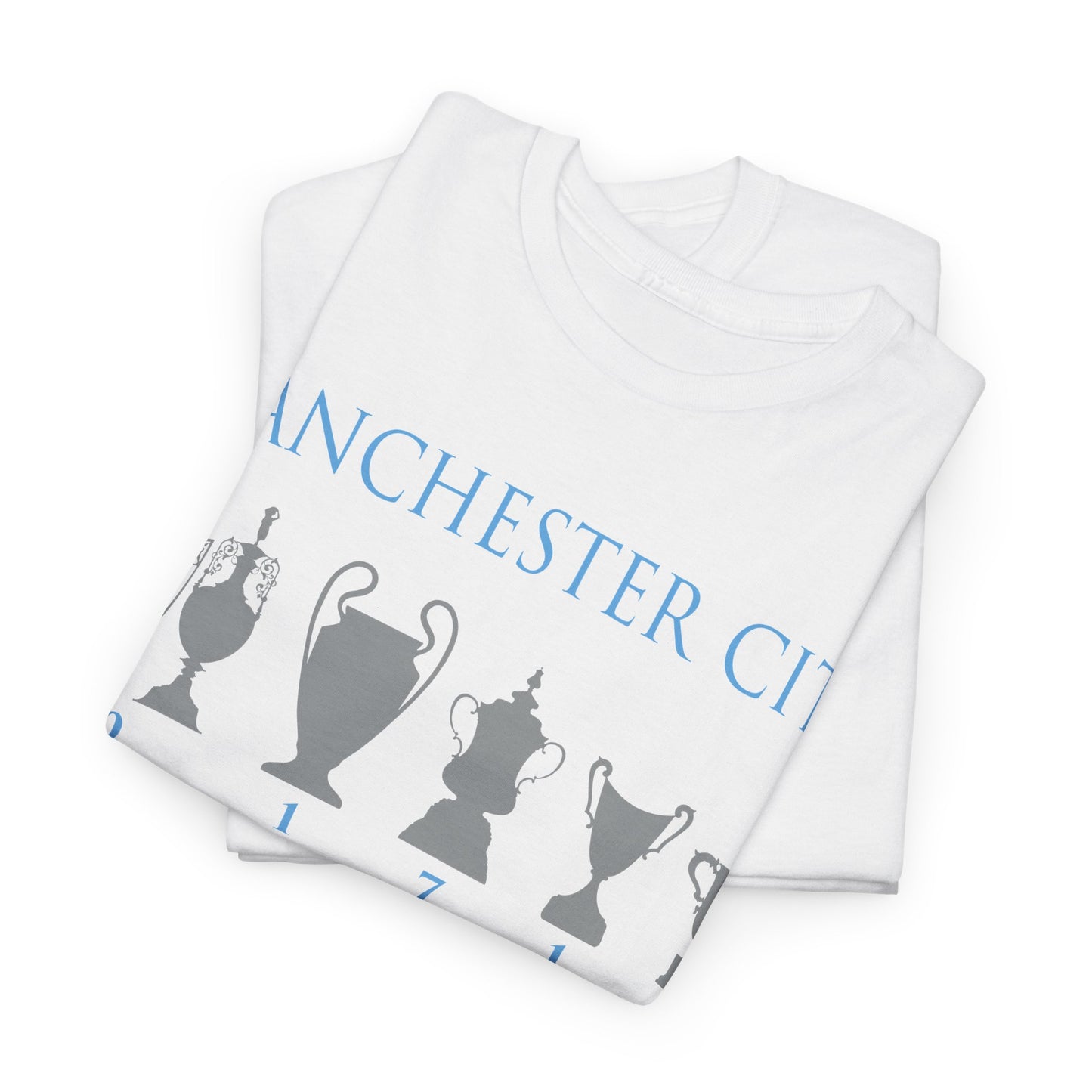 Manchester City Trophies Unisex Heavy Cotton T-Shirt - Light Blue/White/Black/Navy