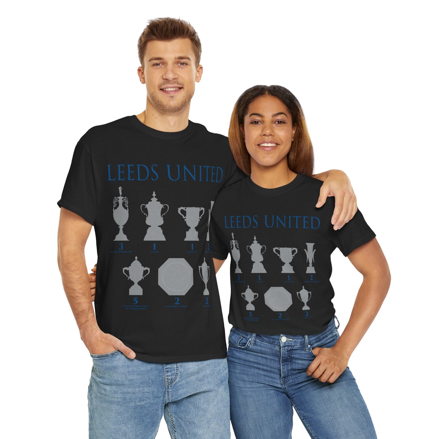 Leeds United Trophies Unisex Heavy Cotton T-Shirt - White/Black/Gold/Royal/Navy