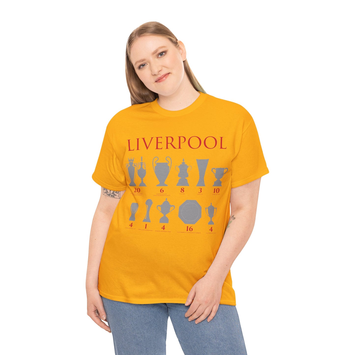 Liverpool Trophies Unisex Heavy Cotton T-Shirt - Red/White/Black/Gold