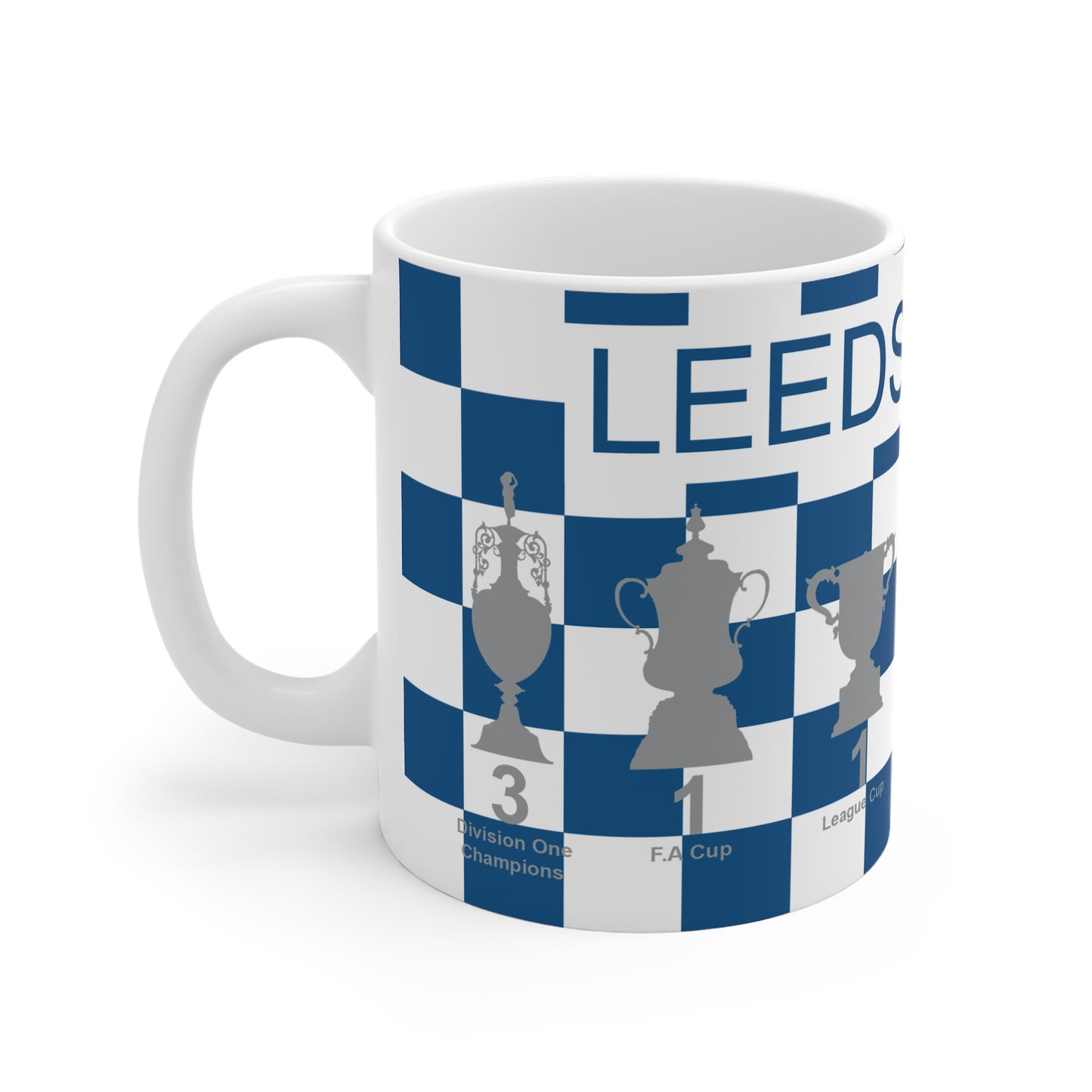 Leeds United Blue & White Chequered Trophies Mug - Blue Text
