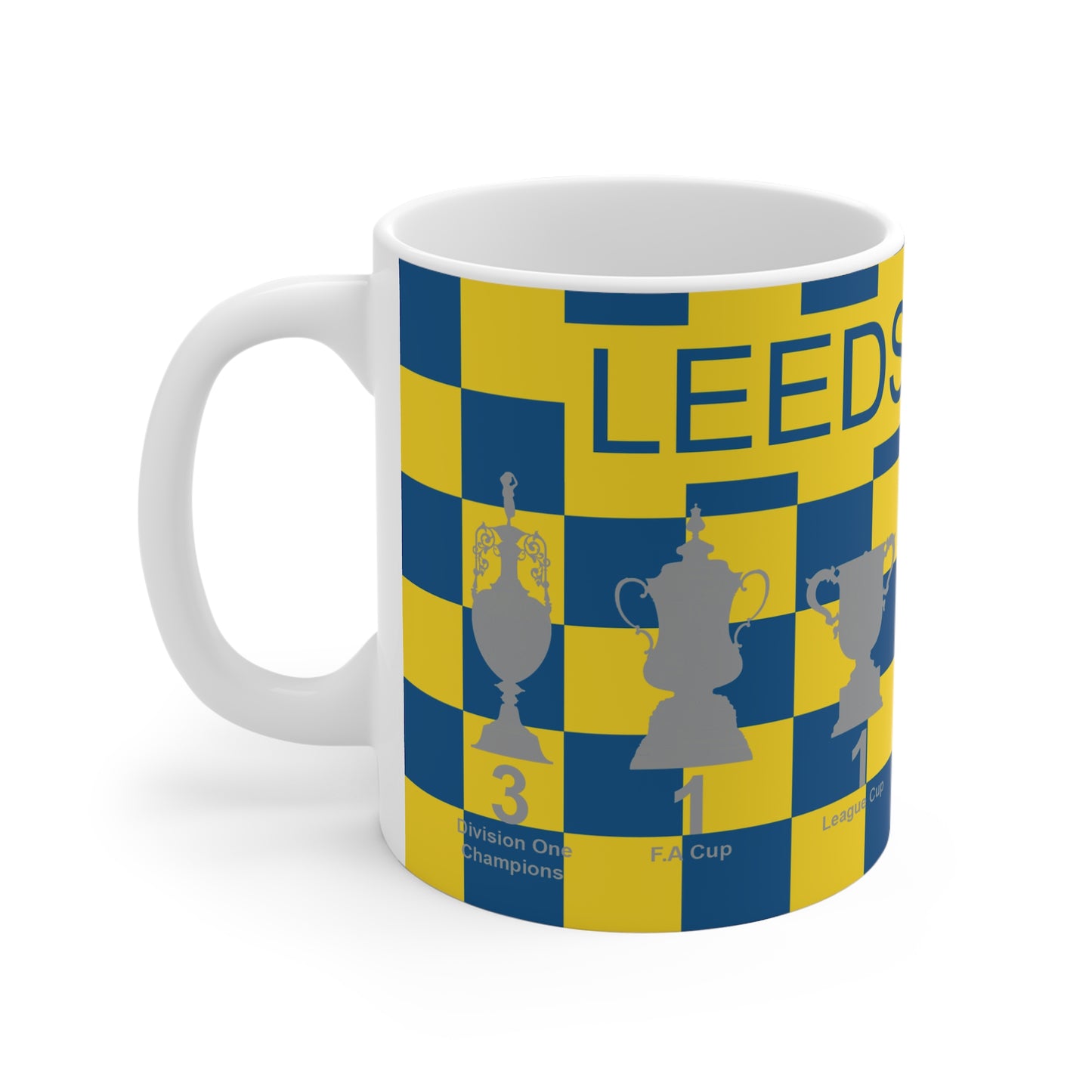 Leeds United Yellow & Blue Chequered Trophies Mug - Blue Text