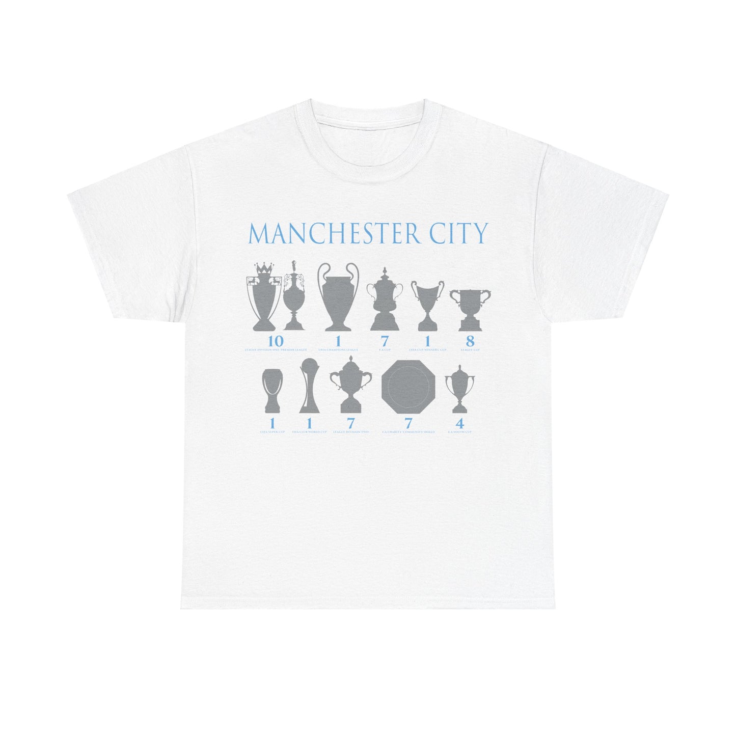 Manchester City Trophies Unisex Heavy Cotton T-Shirt - Light Blue/White/Black/Navy