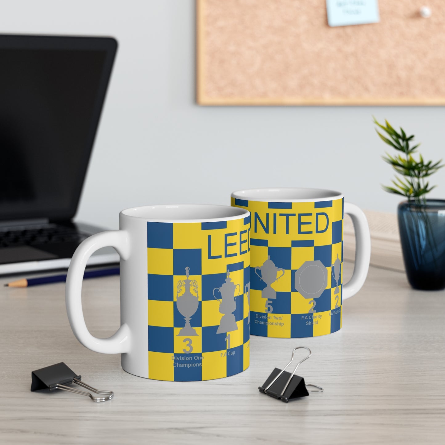 Leeds United Yellow & Blue Chequered Trophies Mug - Blue Text