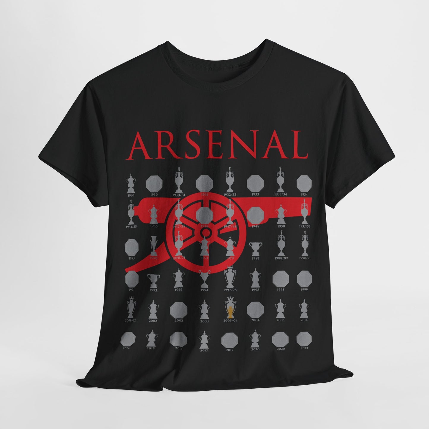 Arsenal Cannon & Trophies Collection Unisex Heavy Cotton T-Shirt - Red/Black/White/Sport Grey/Royal/Gold/Navy