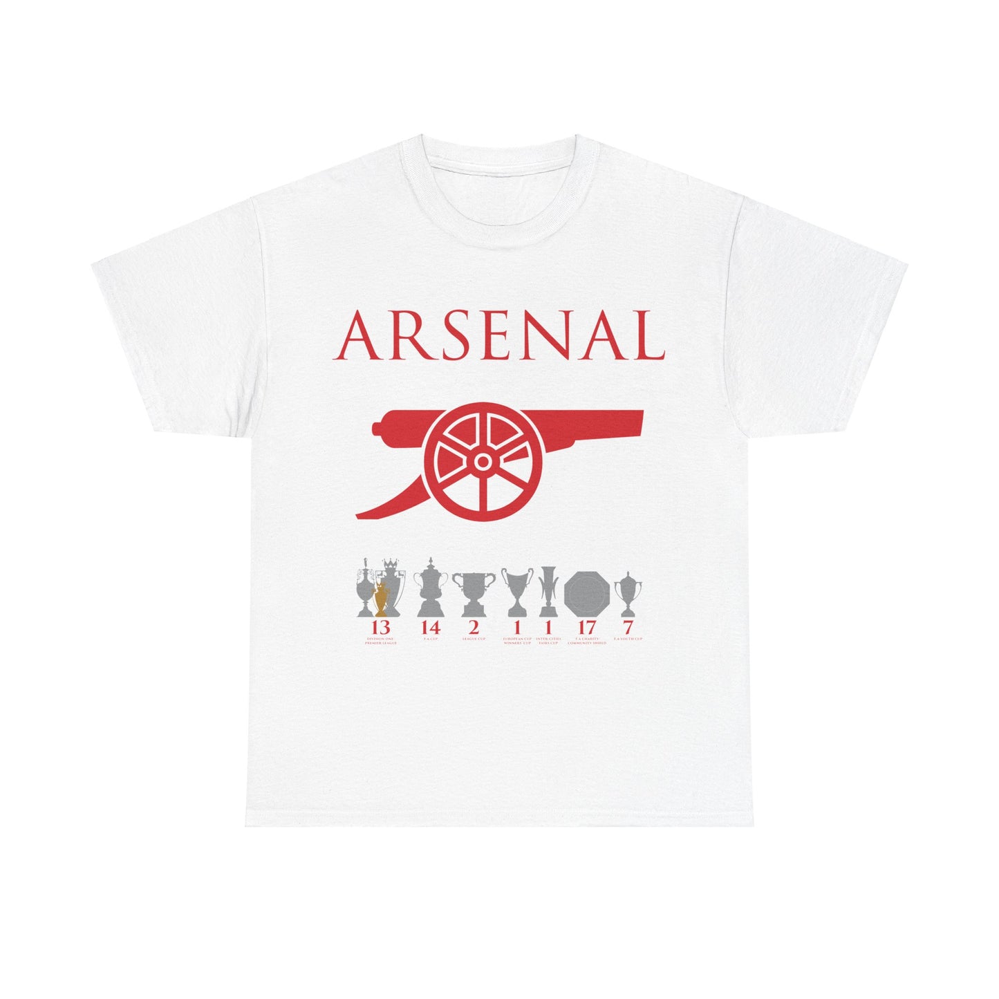 Arsenal Cannon & Trophies Unisex Heavy Cotton T-Shirt - Red/White/Black/Gold/Royal