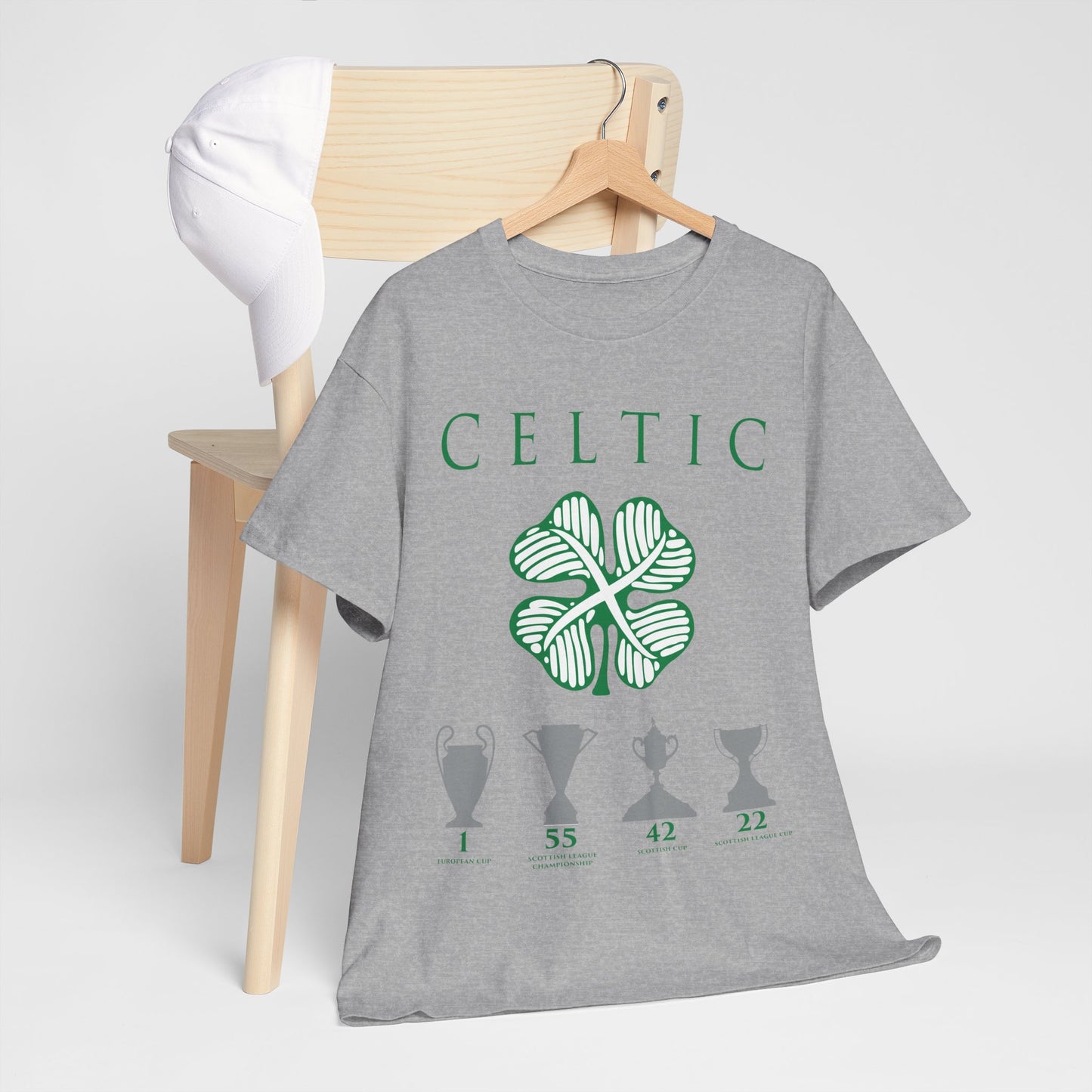 Celtic Clover & Trophies Unisex Heavy Cotton T-Shirt - Irish Green/Black/White/Gold/Sport Grey/Charcoal/Military Green/Forest Green