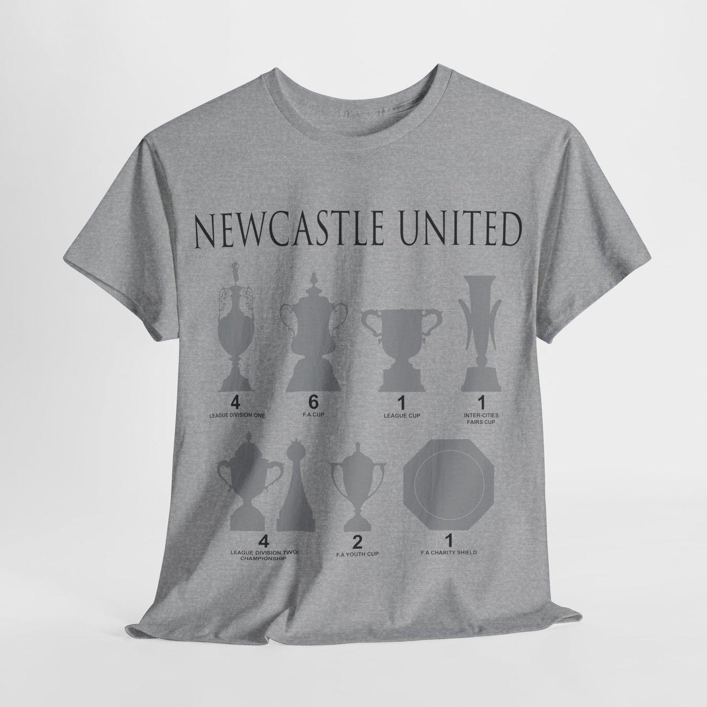 Newcastle United Trophies Unisex Heavy Cotton T-Shirt UPDATED - Black/White/Sport Grey/Charcoal