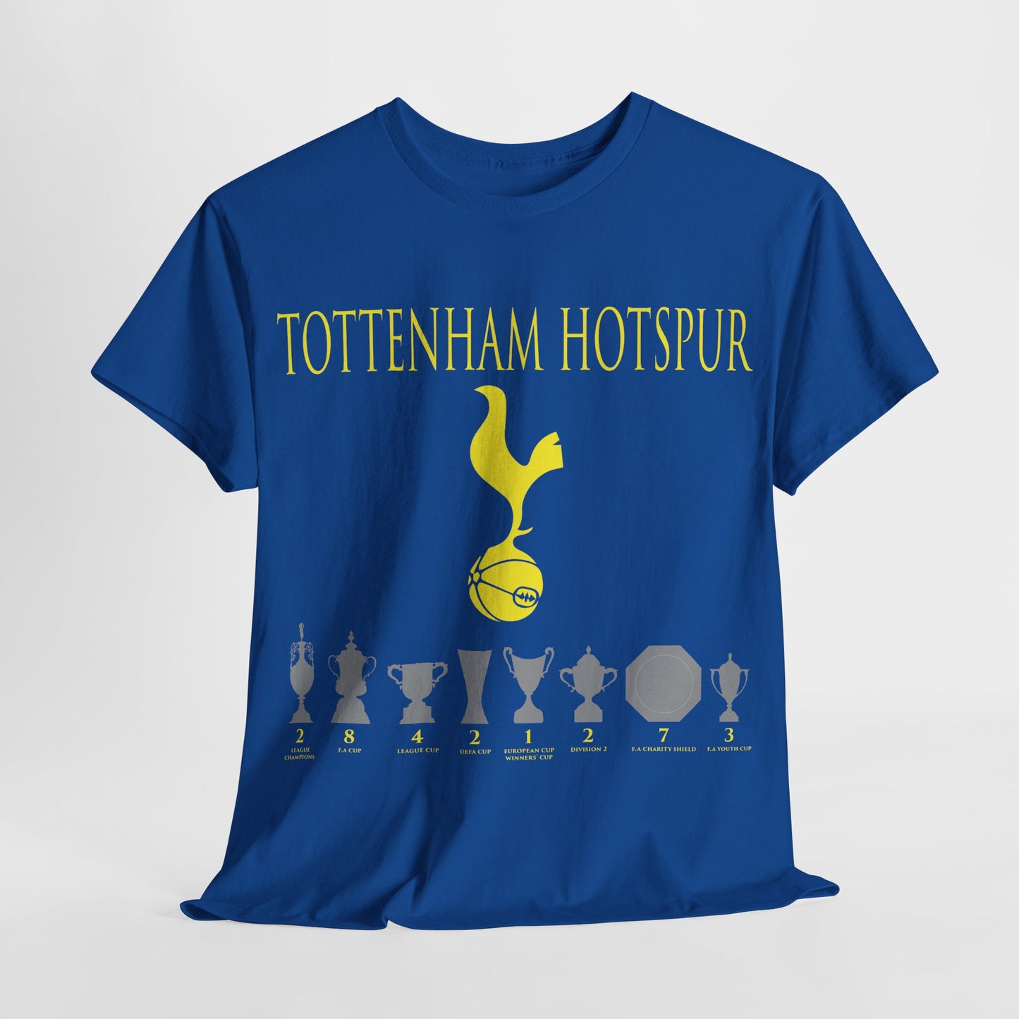 Tottenham Hotspur Cockerel & Trophies Unisex Heavy Cotton T-Shirt - Navy/White/Black/Gold/Light Blue/Royal