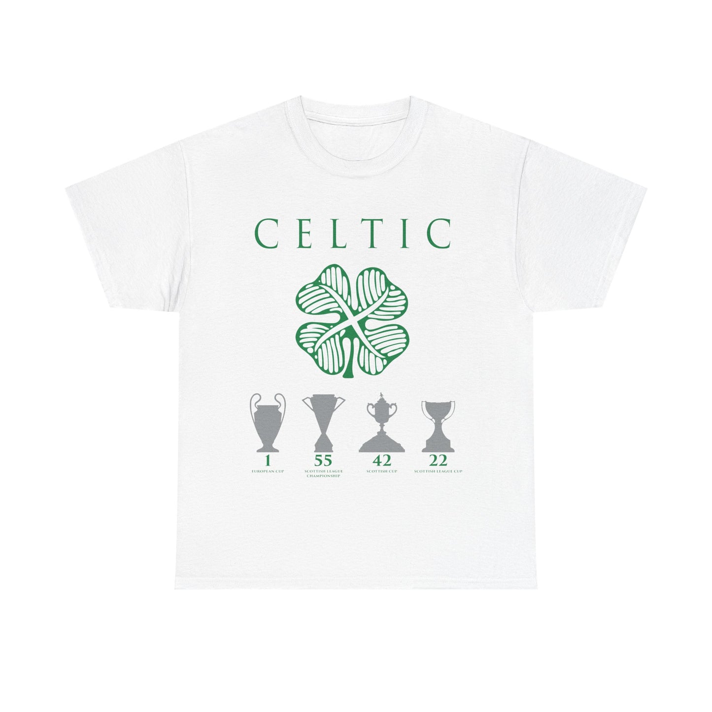 Celtic Clover & Trophies Unisex Heavy Cotton T-Shirt - Irish Green/Black/White/Gold/Sport Grey/Charcoal/Military Green/Forest Green
