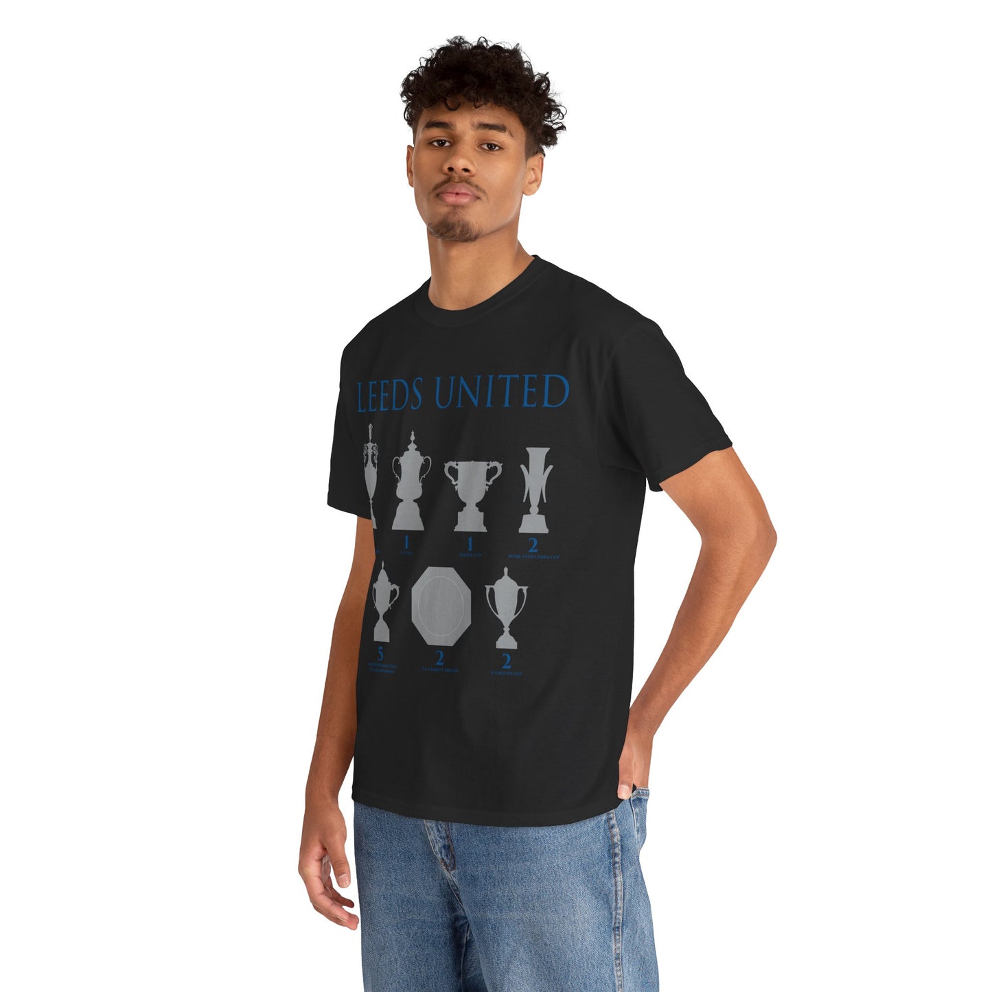 Leeds United Trophies Unisex Heavy Cotton T-Shirt - White/Black/Gold/Royal/Navy