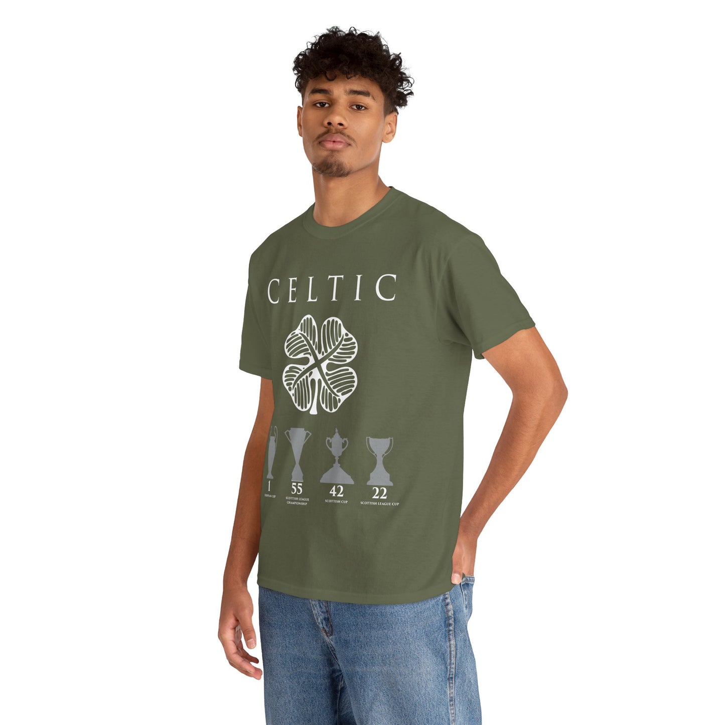 Celtic Clover & Trophies Unisex Heavy Cotton T-Shirt - Irish Green/Black/White/Gold/Sport Grey/Charcoal/Military Green/Forest Green