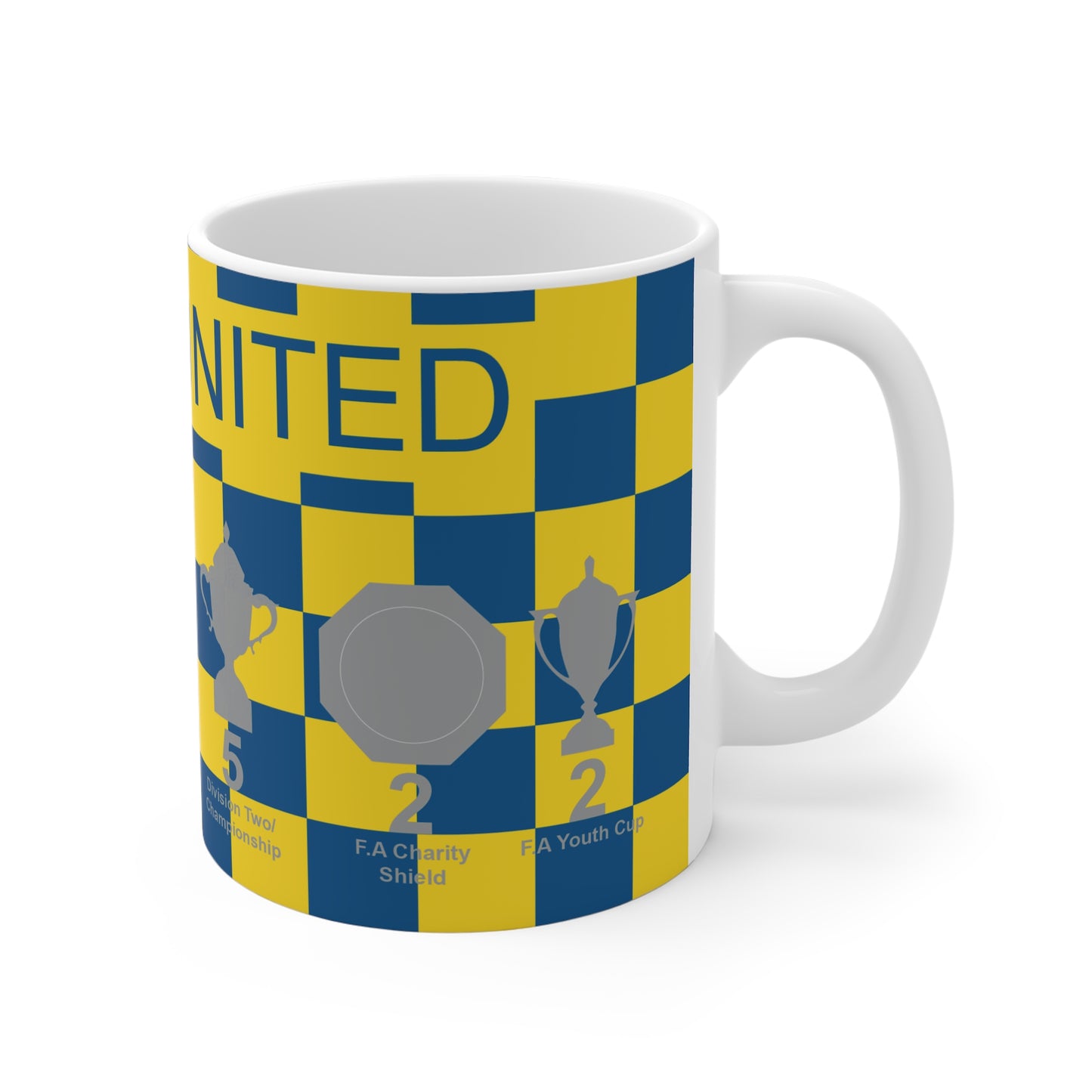 Leeds United Yellow & Blue Chequered Trophies Mug - Blue Text