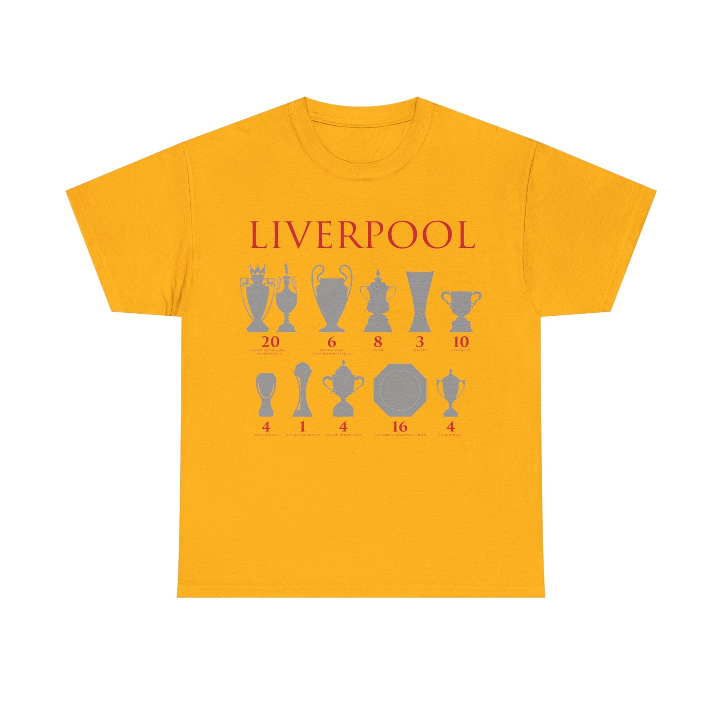 Liverpool Trophies Unisex Heavy Cotton T-Shirt - Red/White/Black/Gold