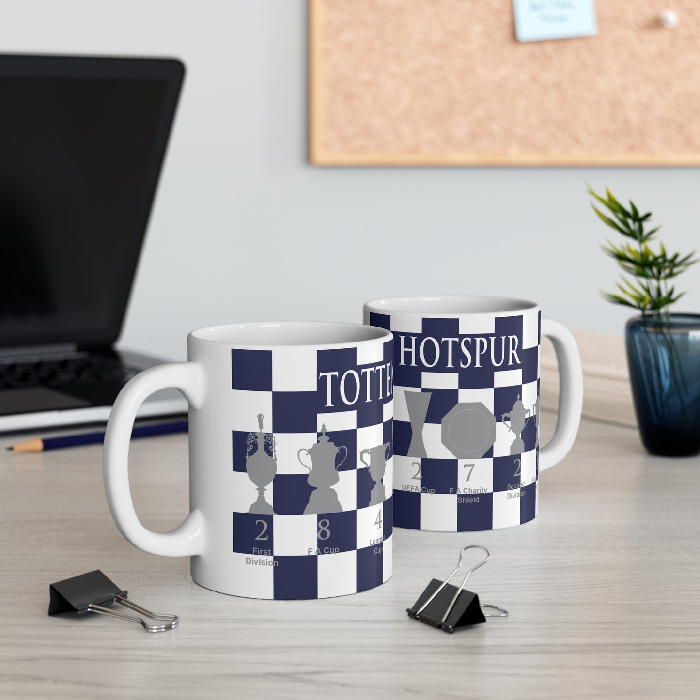 Tottenham Hotspur Blue & White Chequered Trophies Mug - White Header Text
