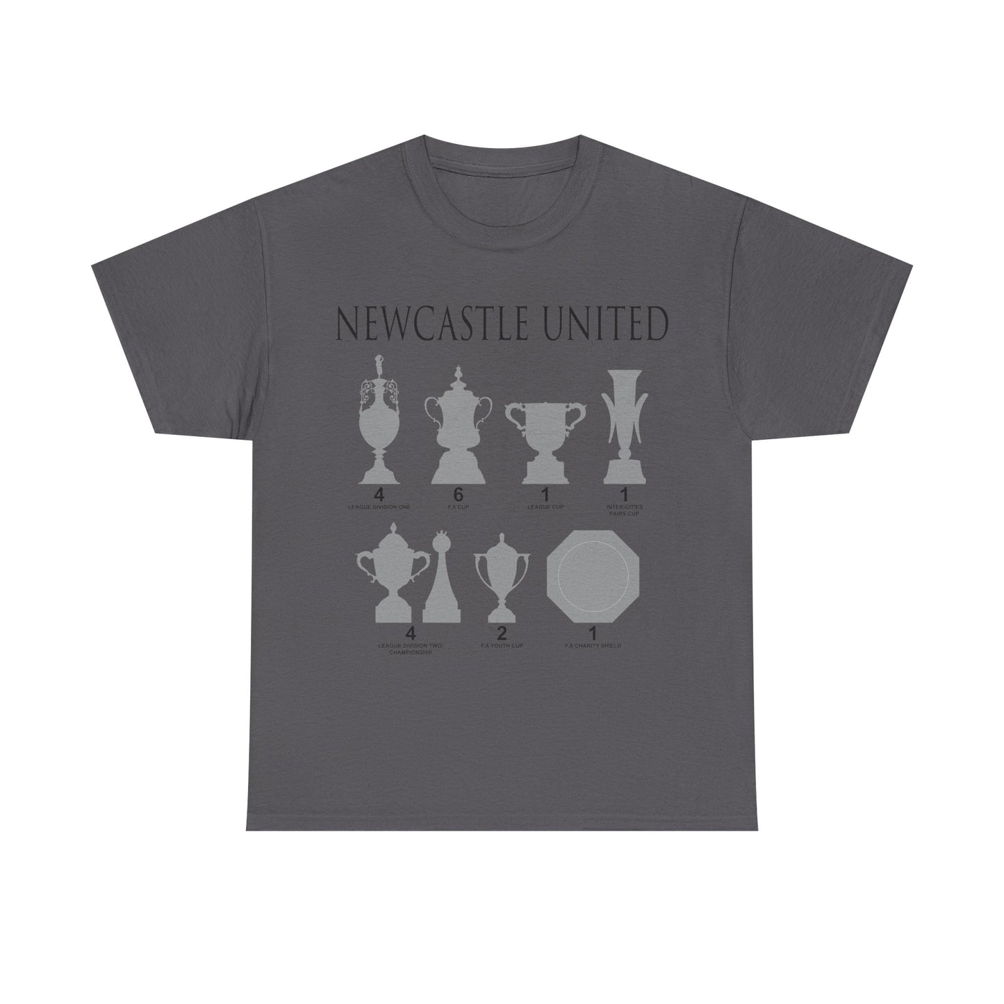 Newcastle United Trophies Unisex Heavy Cotton T-Shirt UPDATED - Black/White/Sport Grey/Charcoal