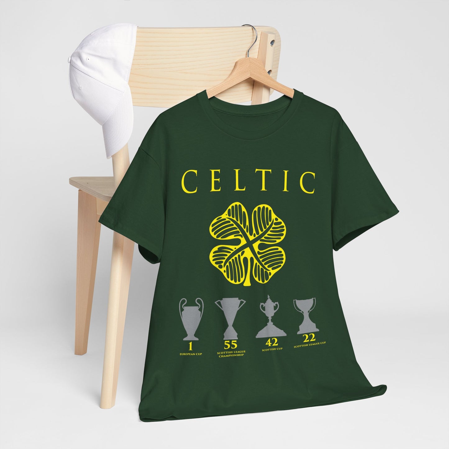 Celtic Clover & Trophies Unisex Heavy Cotton T-Shirt - Irish Green/Black/White/Gold/Sport Grey/Charcoal/Military Green/Forest Green