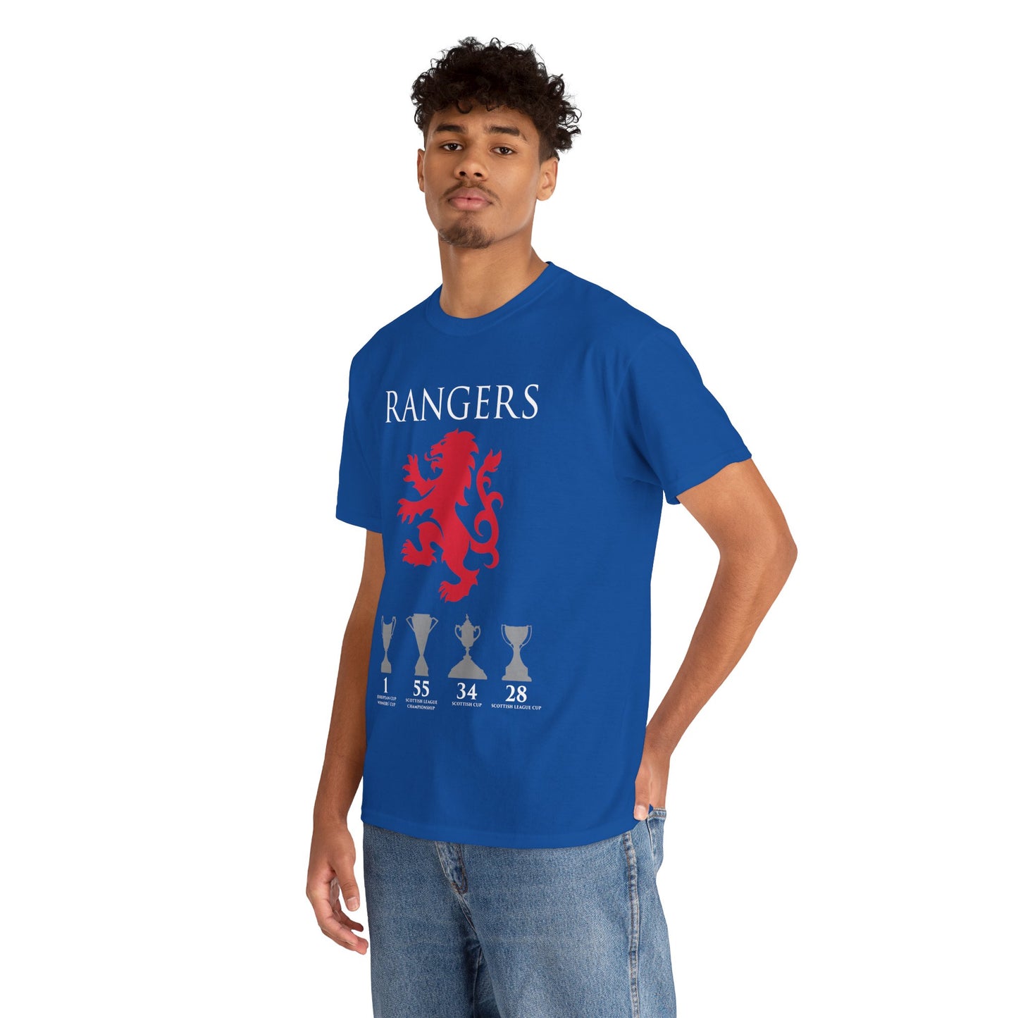 Rangers Lion & Trophies Unisex Heavy Cotton T-Shirt - Royal/White/Black/Sport Grey/Navy/Red