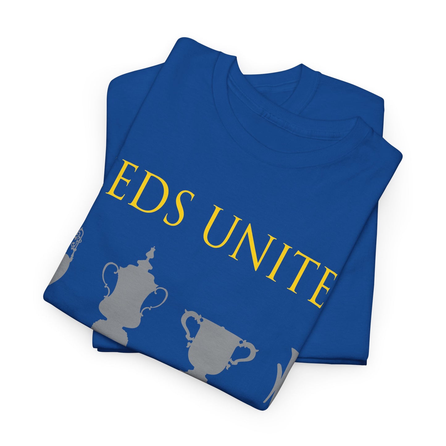 Leeds United Trophies Unisex Heavy Cotton T-Shirt - White/Black/Gold/Royal/Navy