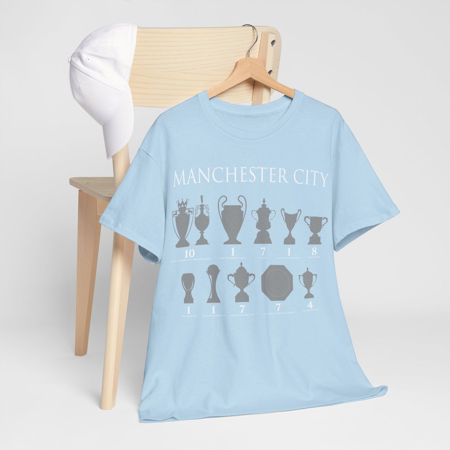 Manchester City Trophies Unisex Heavy Cotton T-Shirt - Light Blue/White/Black/Navy