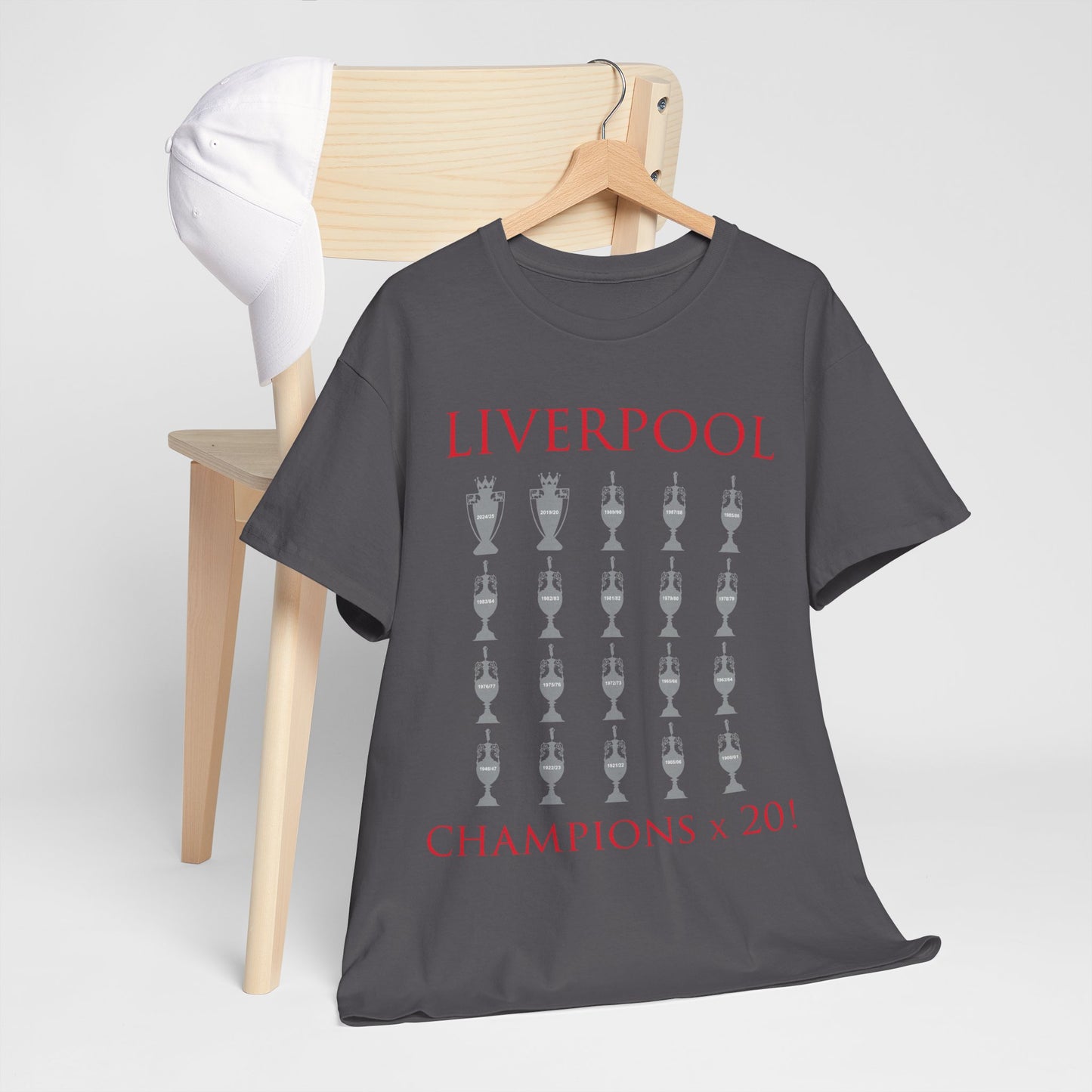 Liverpool 20 Champions Unisex Heavy Cotton T-Shirt - Red/White/Black/Charcoal/Gold