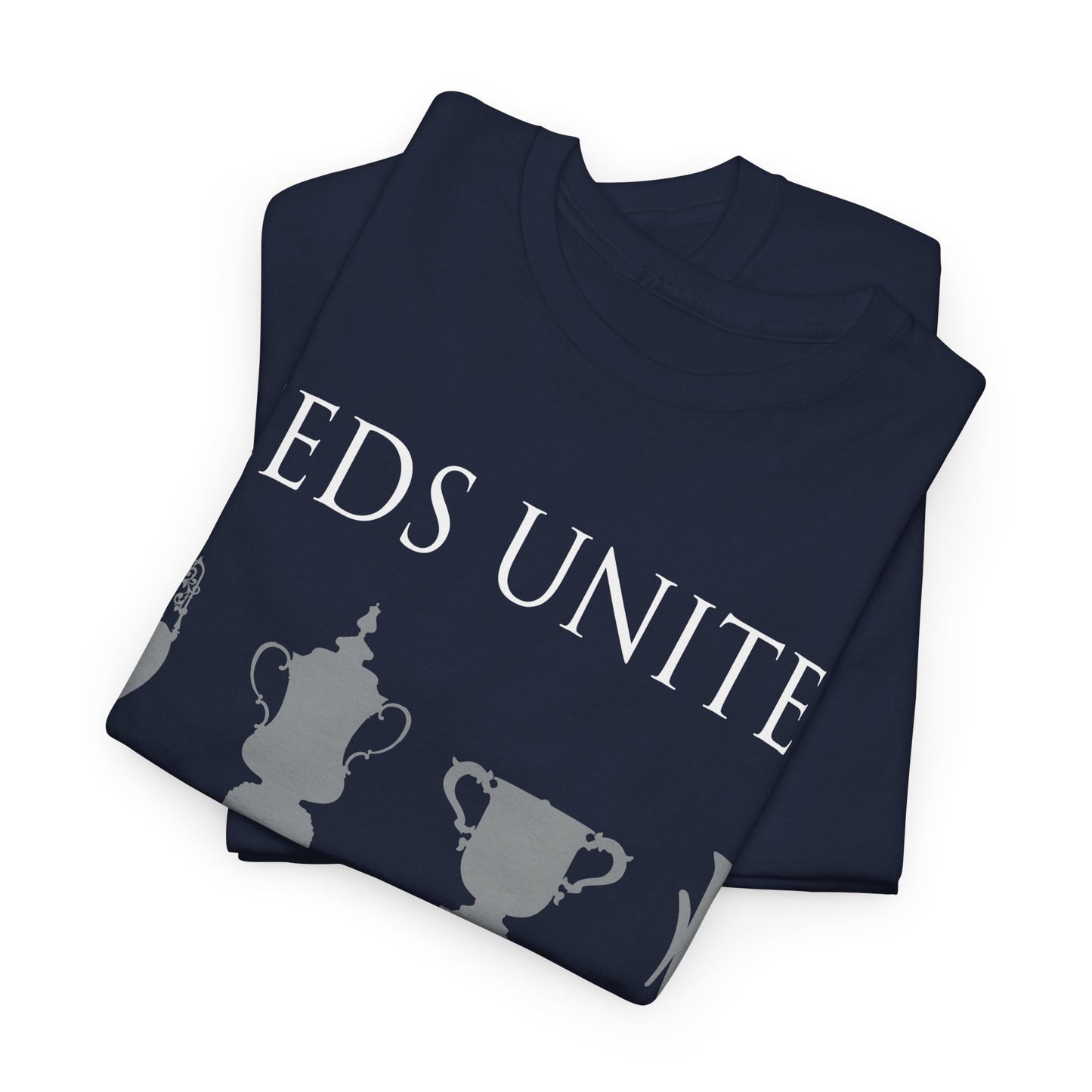 Leeds United Trophies Unisex Heavy Cotton T-Shirt - White/Black/Gold/Royal/Navy
