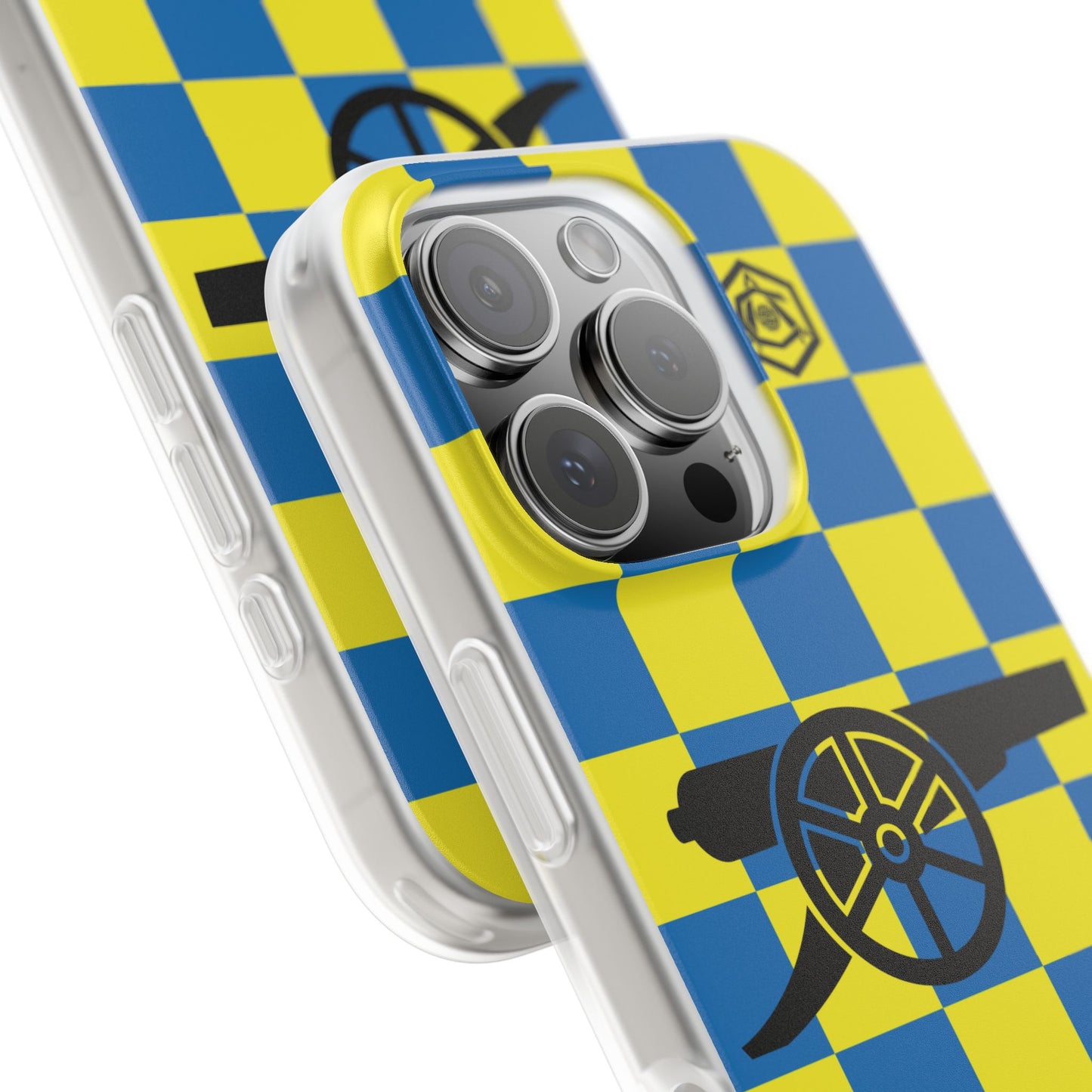 Arsenal Blue & Yellow Chequered Cannon & Monogram iPhone Flexi Case - iPhone 16, 15, 14, Plus/Pro/Pro Max
