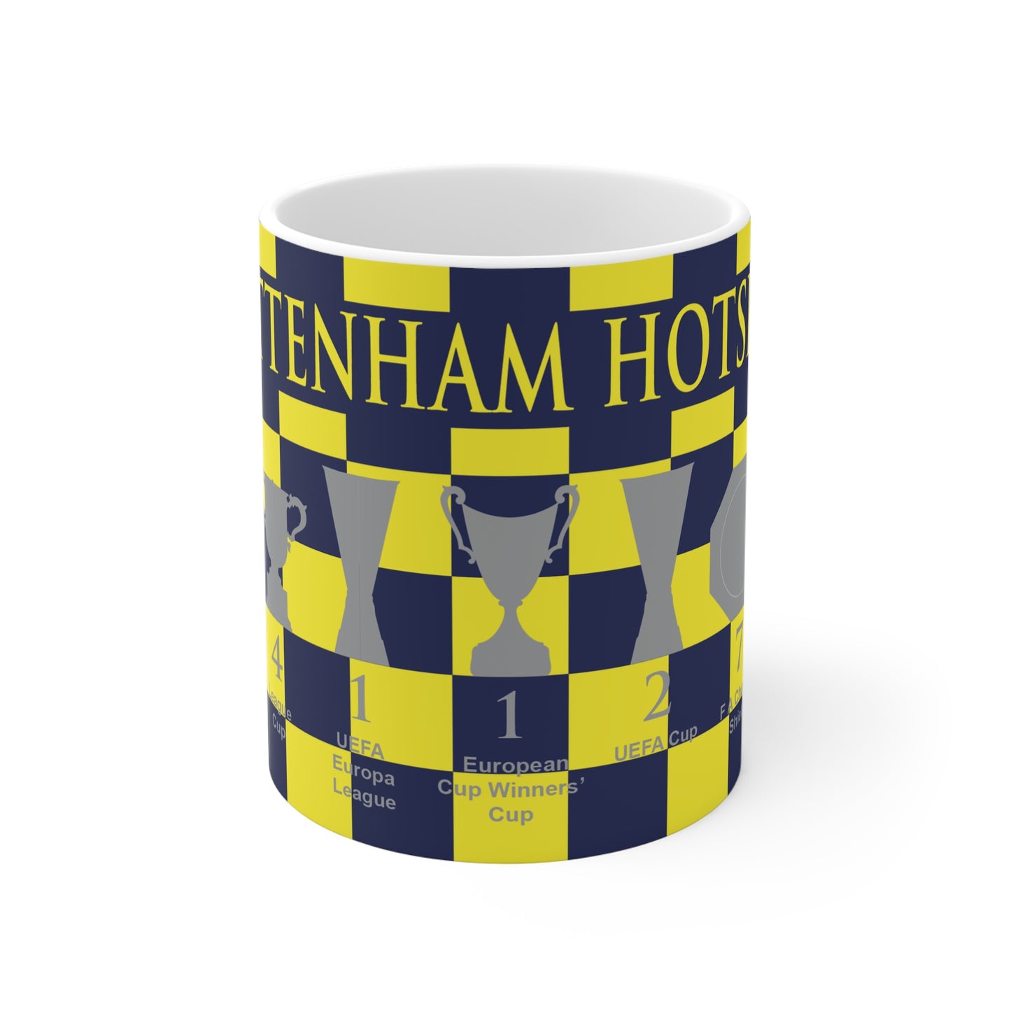 Tottenham Hotspur Blue & Yellow Chequered Trophies Mug - Yellow Header Text