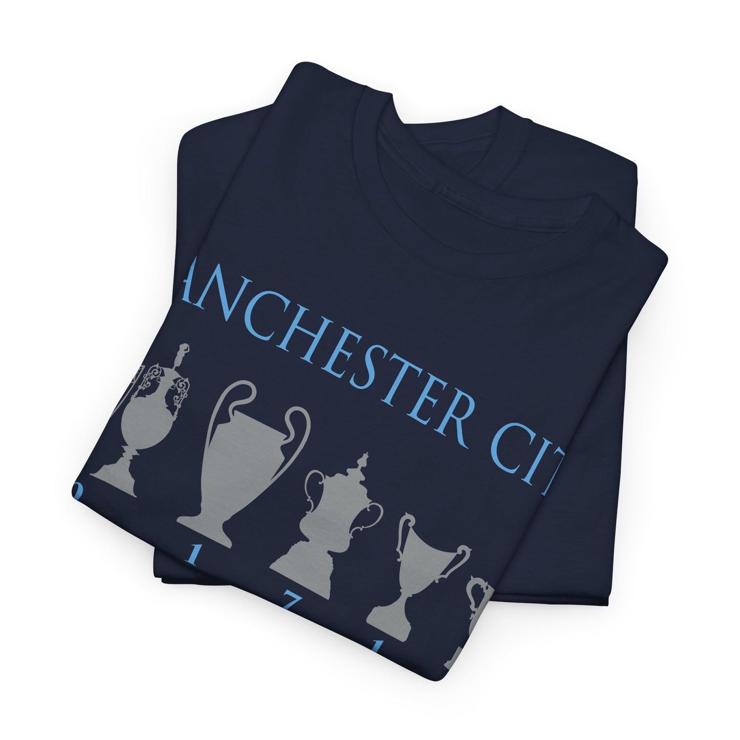 Manchester City Trophies Unisex Heavy Cotton T-Shirt - Light Blue/White/Black/Navy