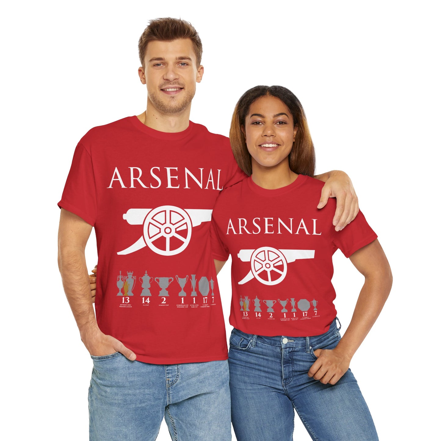 Arsenal Cannon & Trophies Unisex Heavy Cotton T-Shirt - Red/White/Black/Gold/Royal