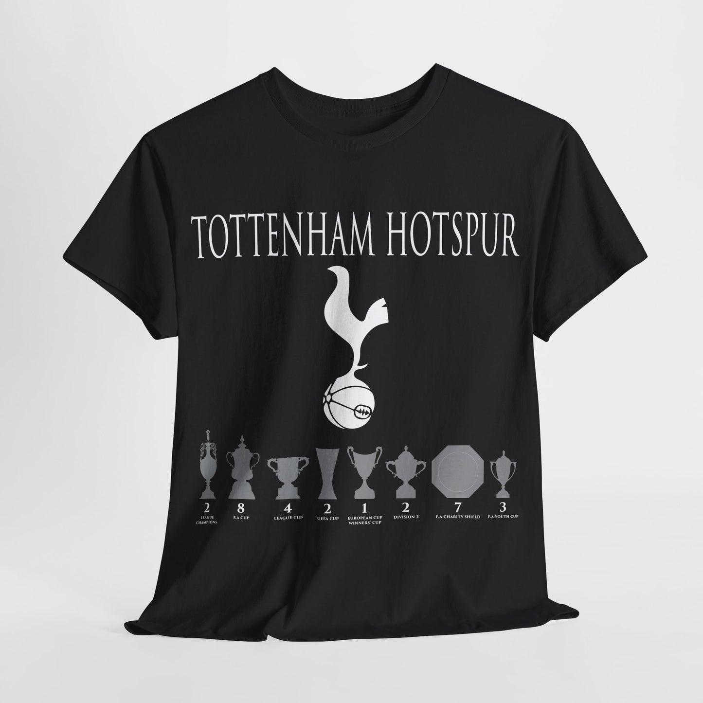 Tottenham Hotspur Cockerel & Trophies Unisex Heavy Cotton T-Shirt - Navy/White/Black/Gold/Light Blue/Royal