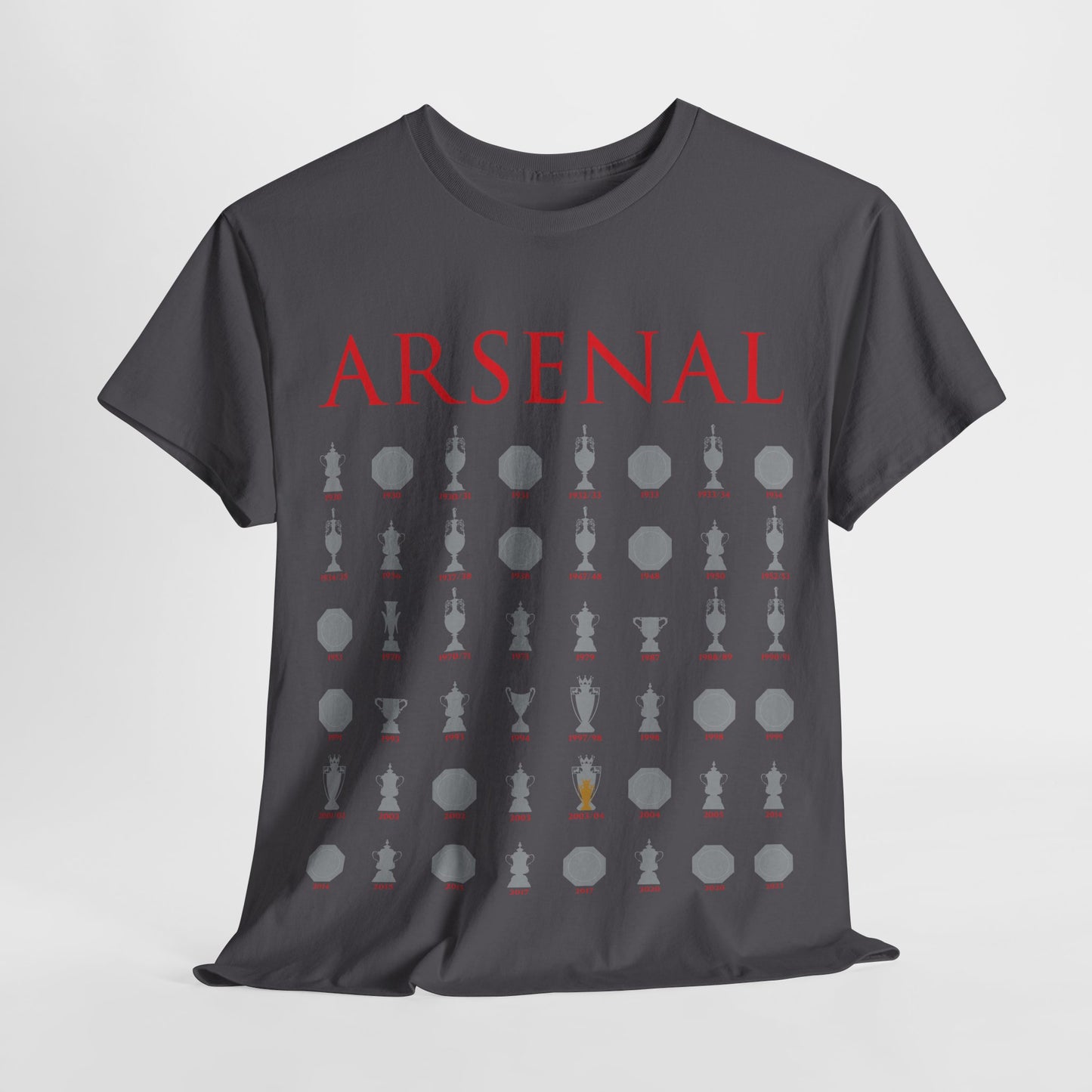 Arsenal Trophies Collection Unisex Heavy Cotton T-Shirt - Red/White/Black/Gold/Royal/Charcoal/Navy