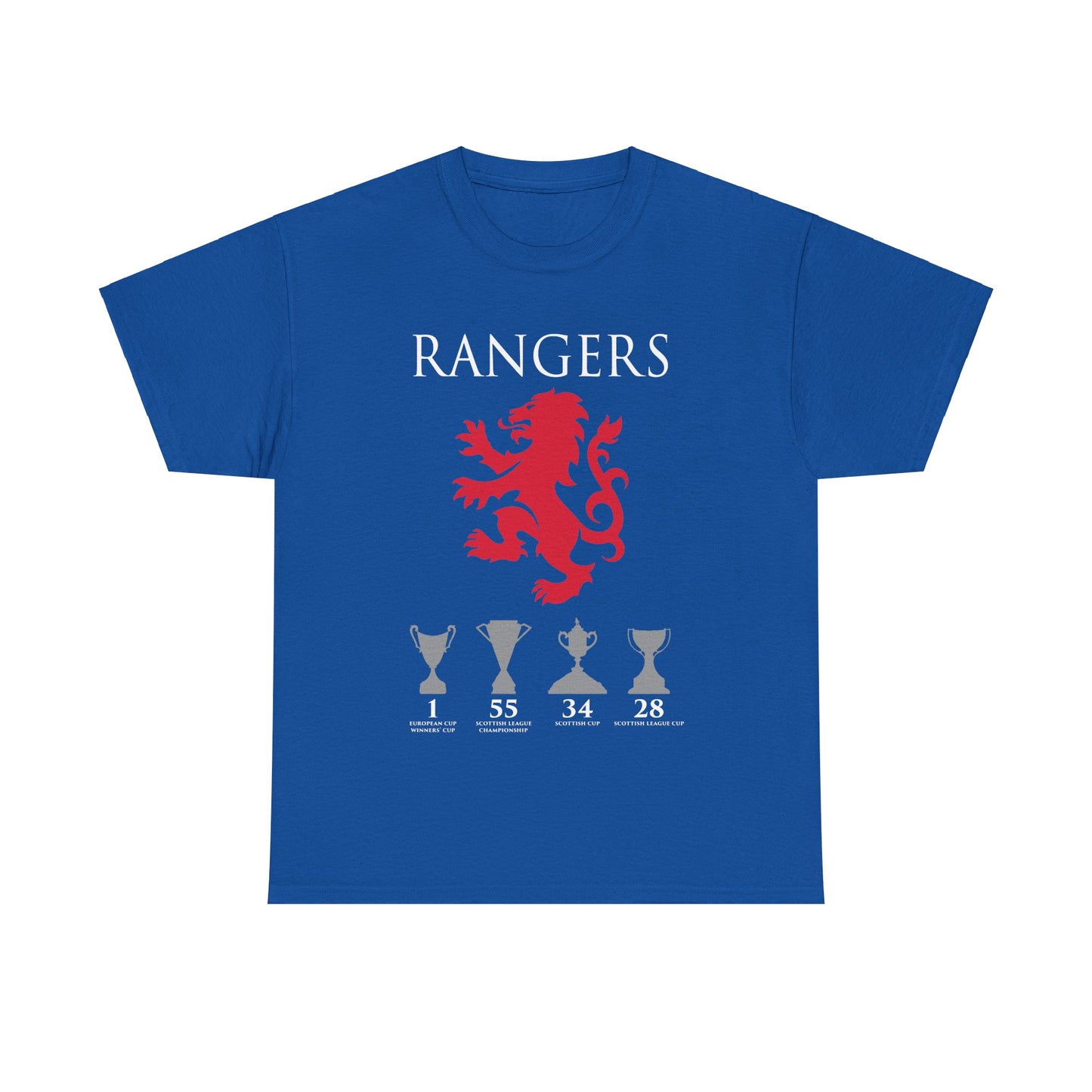 Rangers Lion & Trophies Unisex Heavy Cotton T-Shirt - Royal/White/Black/Sport Grey/Navy/Red