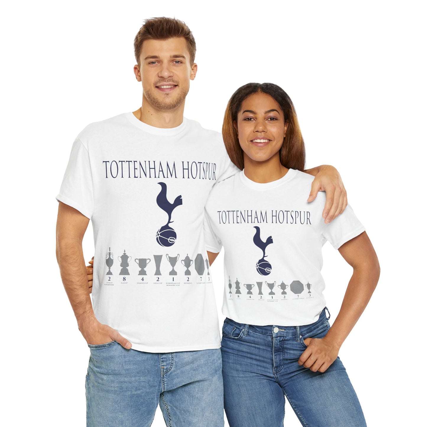 Tottenham Hotspur Cockerel & Trophies Unisex Heavy Cotton T-Shirt - Navy/White/Black/Gold/Light Blue/Royal