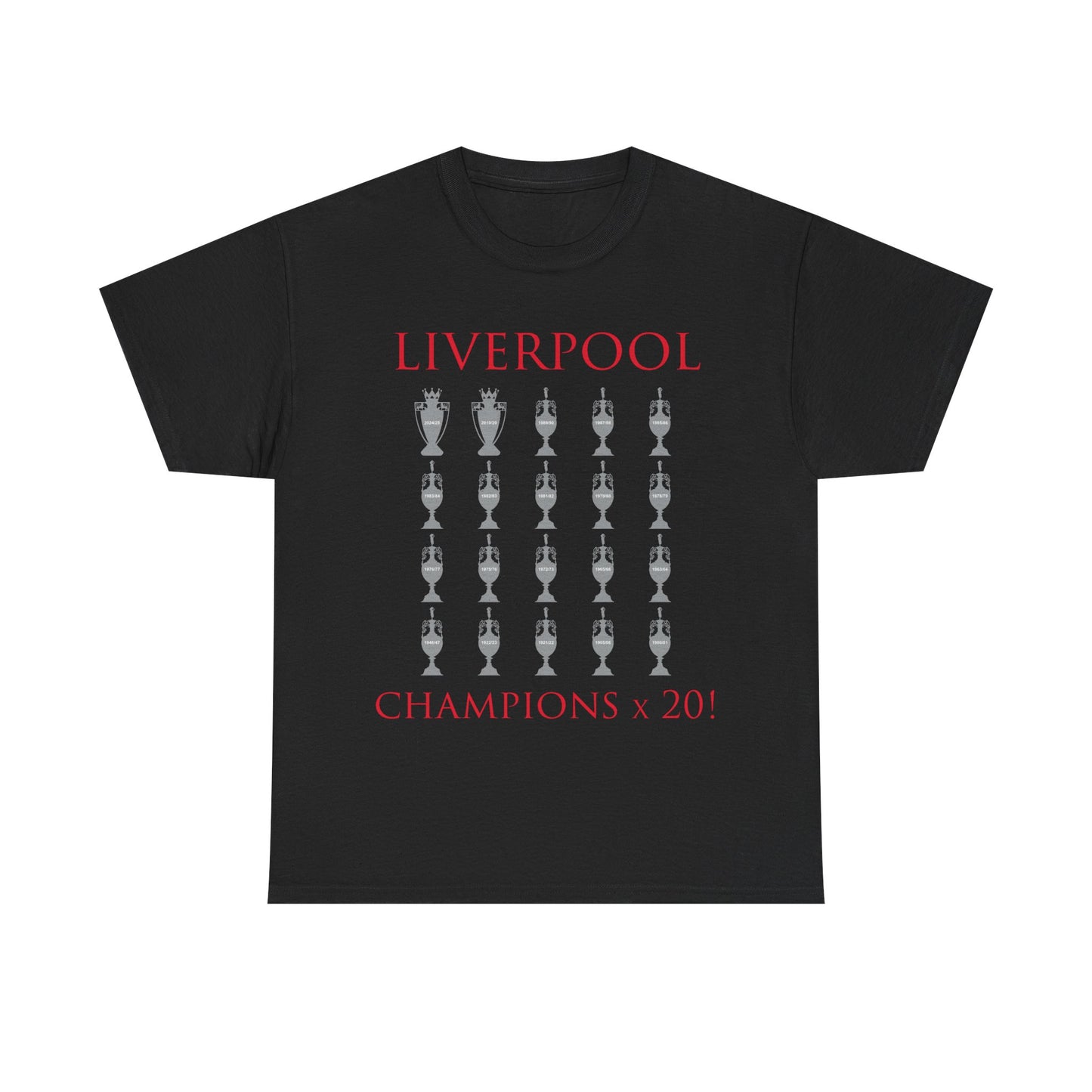 Liverpool 20 Champions Unisex Heavy Cotton T-Shirt - Red/White/Black/Charcoal/Gold