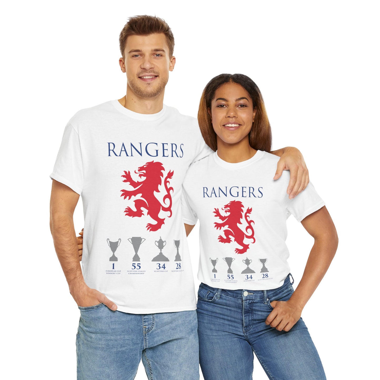 Rangers Lion & Trophies Unisex Heavy Cotton T-Shirt - Royal/White/Black/Sport Grey/Navy/Red