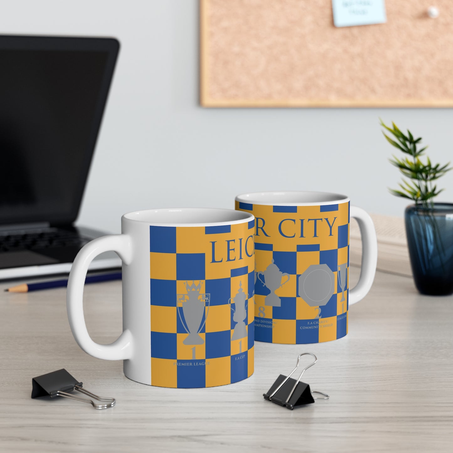 Leicester City Yellow & Blue Chequered Trophies Mug - Blue Header Text